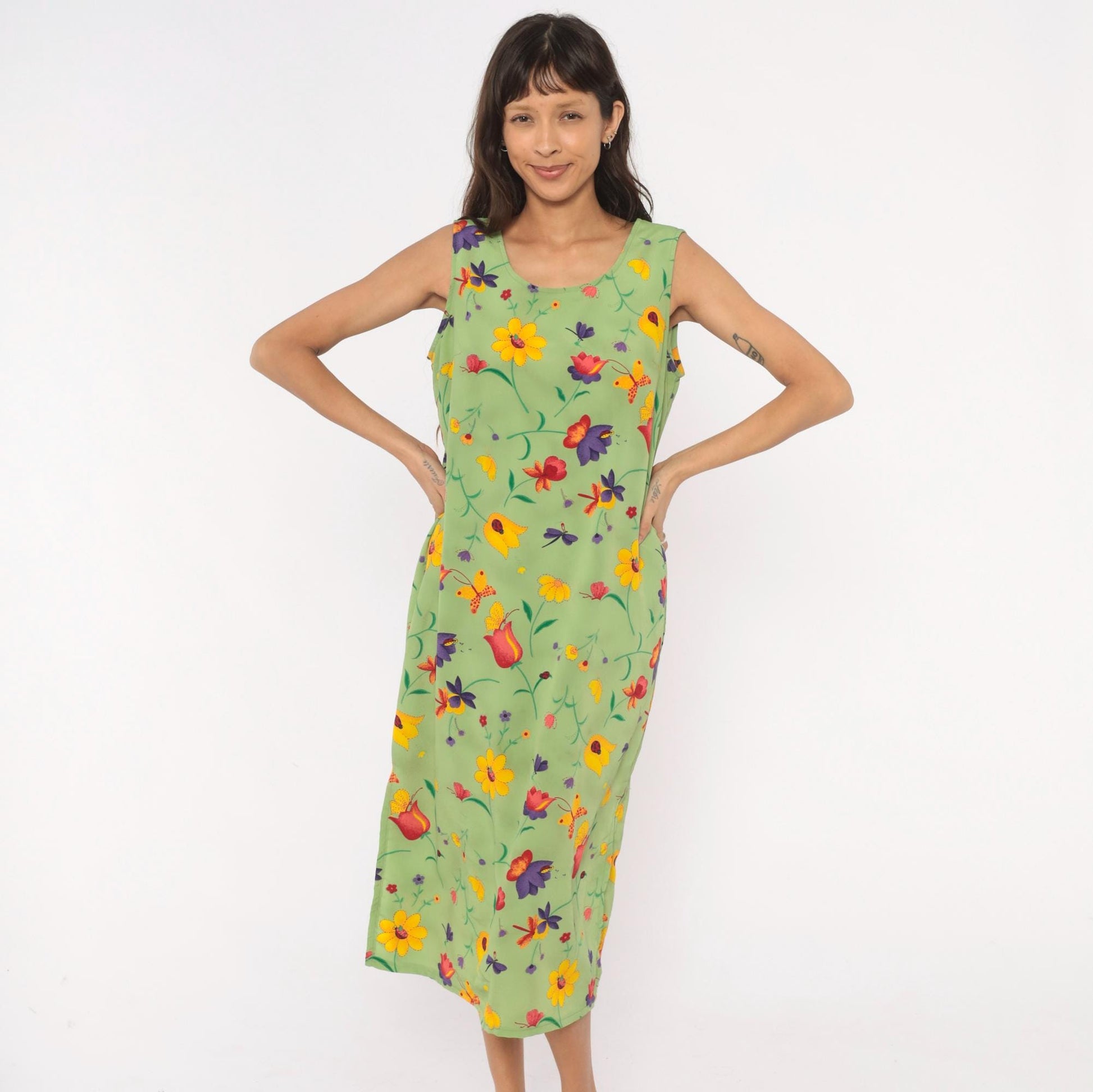 90s Sag Harbor Garden Print Midi Dress Sage Green Floral Petite Large