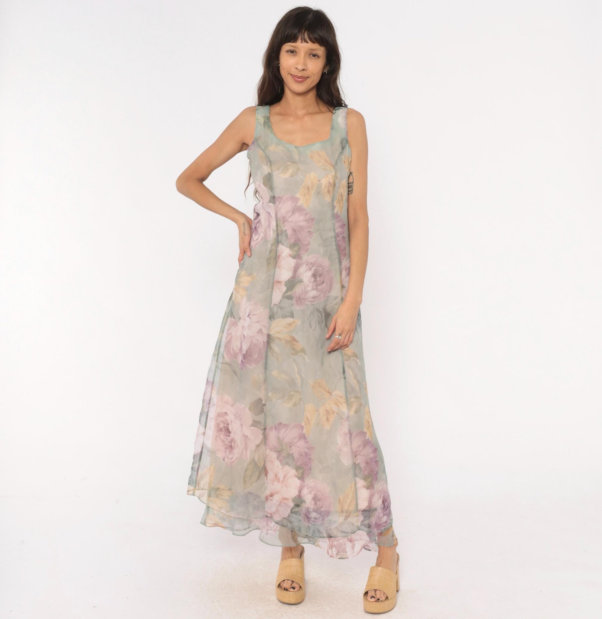 90s Hampton Nites Floral Maxi Dress Sage Pink Chiffon Sleeveless Medium M