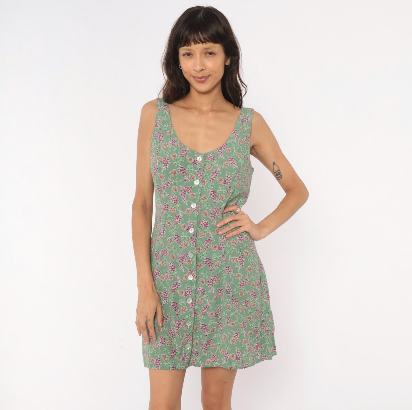 90s Robbie Bee Floral Mini Sundress Sage Green Button Front Large