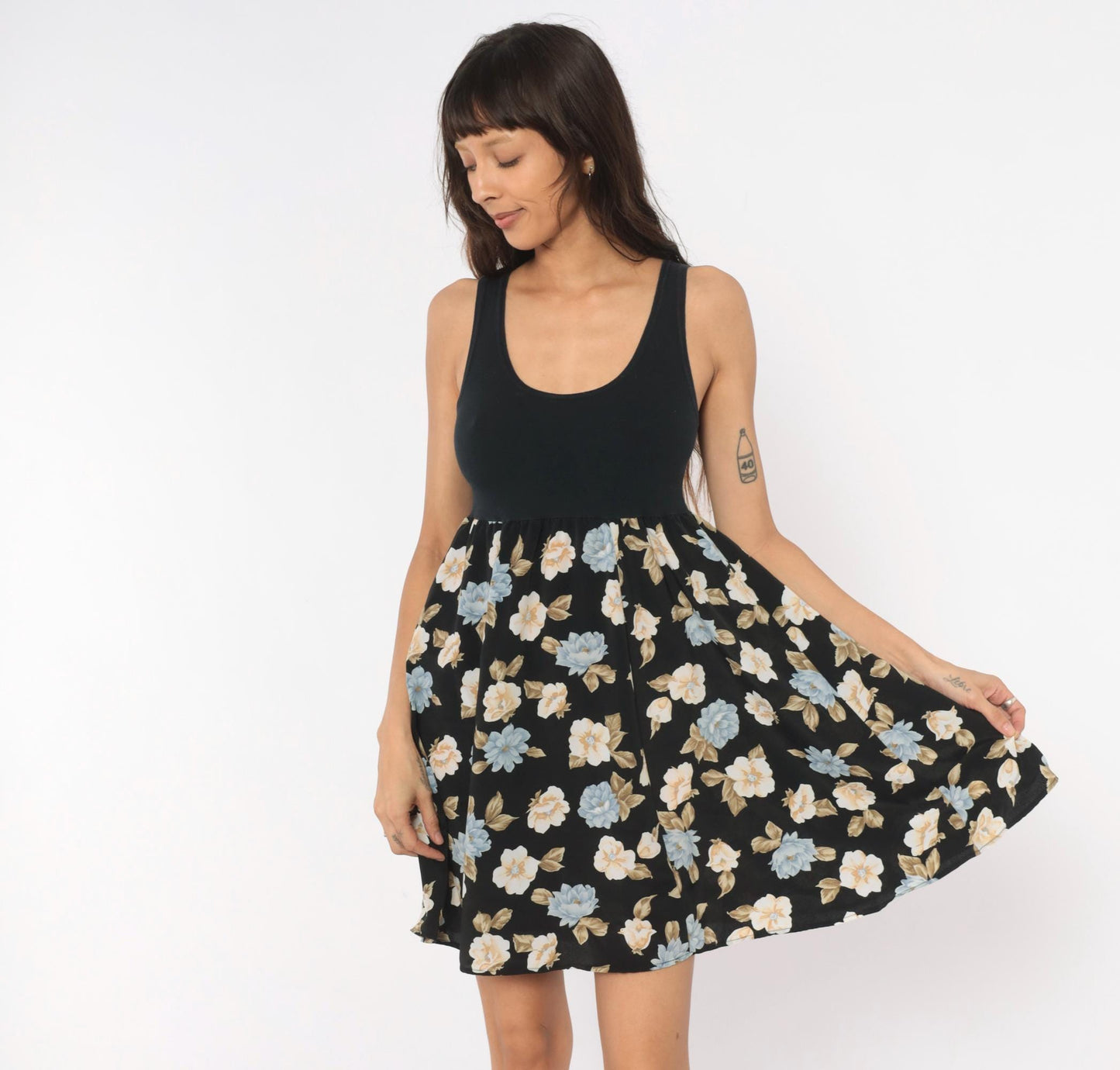 90s Floral Babydoll Mini Tank Dress Black Blue Cream Medium M