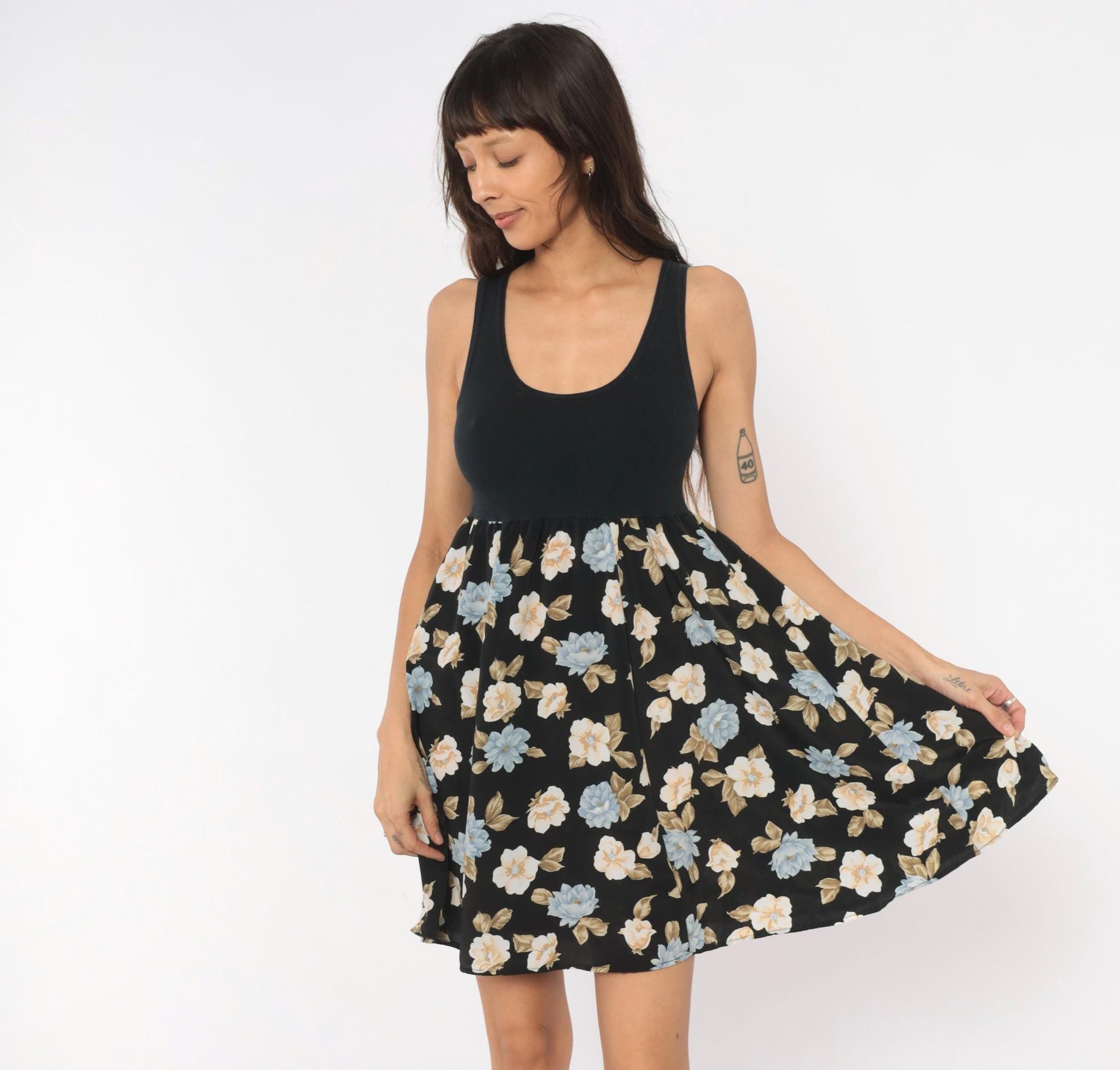 90s Floral Babydoll Mini Tank Dress Black Blue Cream Medium M