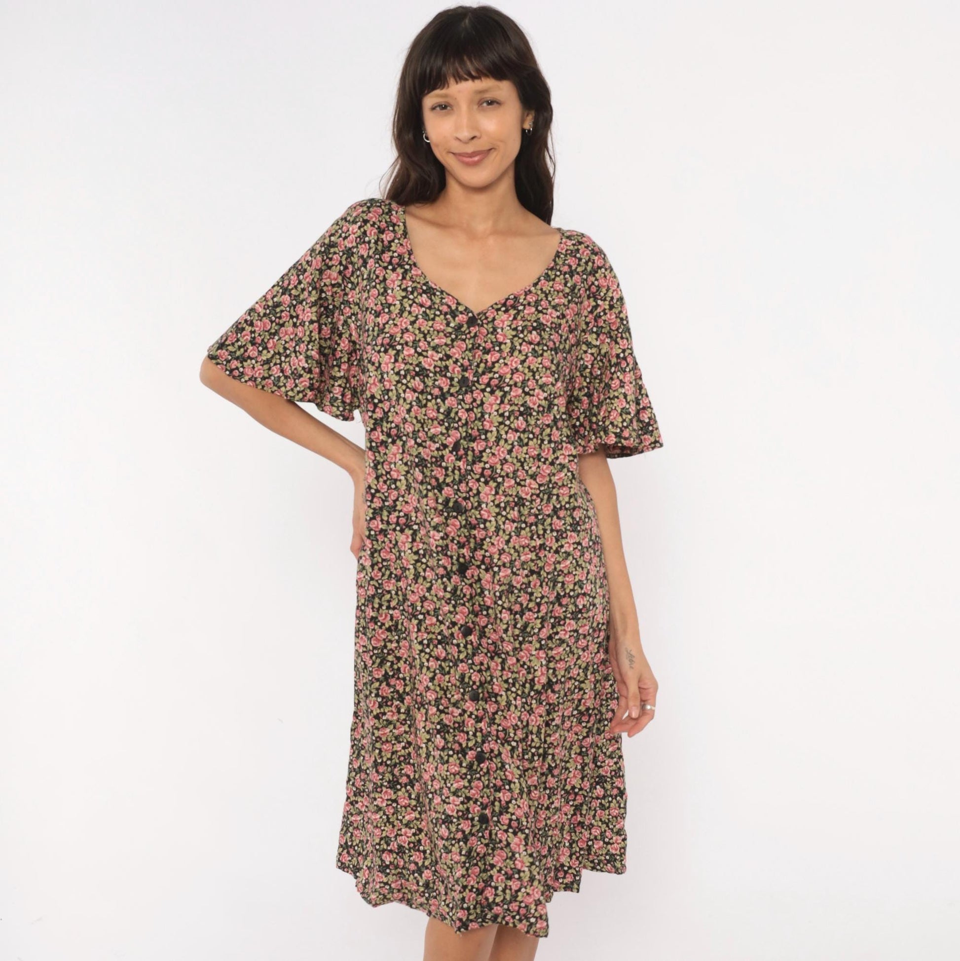 90s Ulterior Motives Floral Dress Black Pink Rose Print V Neck Flutter Sleeve Knee Length Large