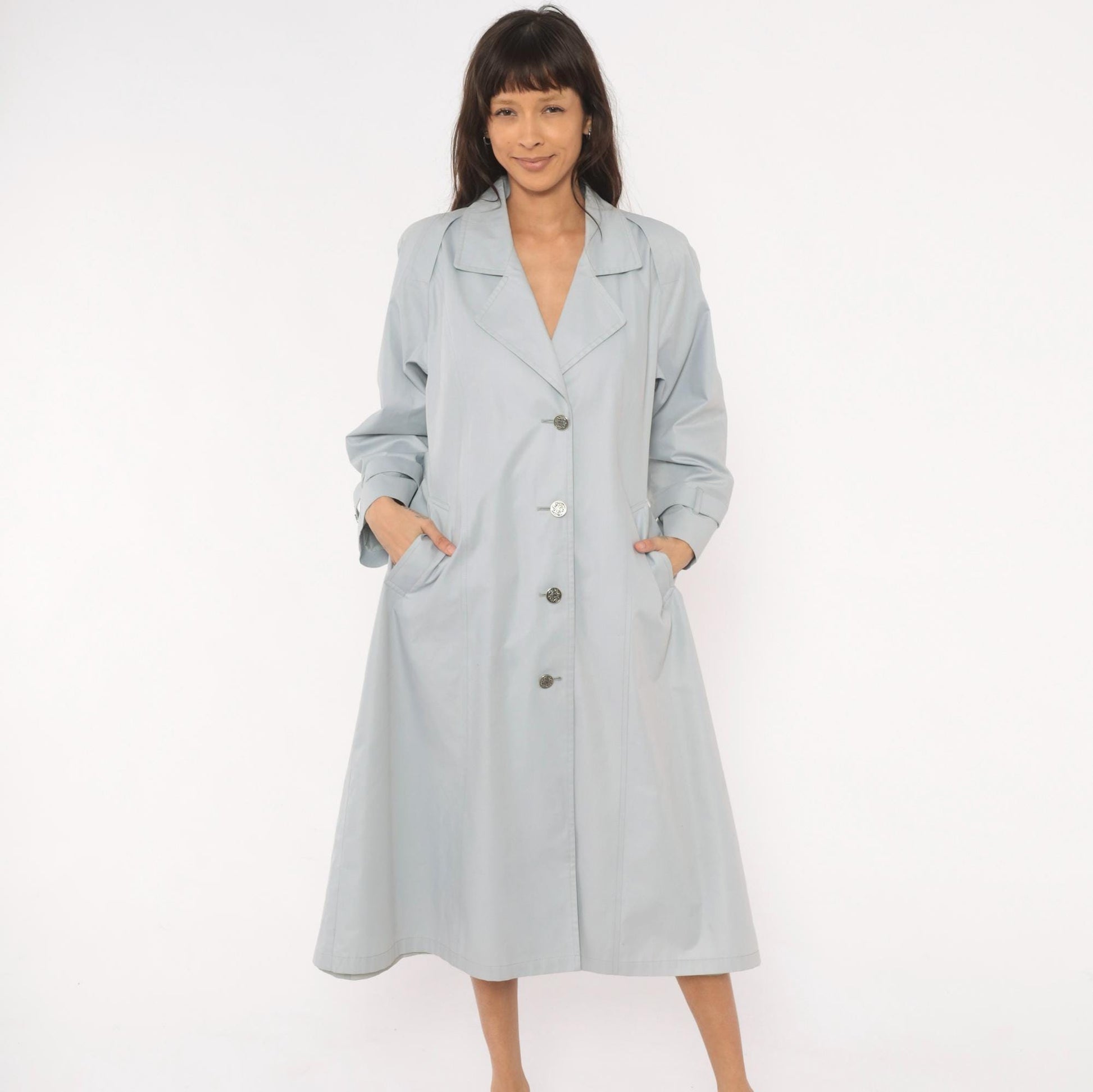 80s London Fog Trench Coat Blue Grey Belted Single Breasted Medium