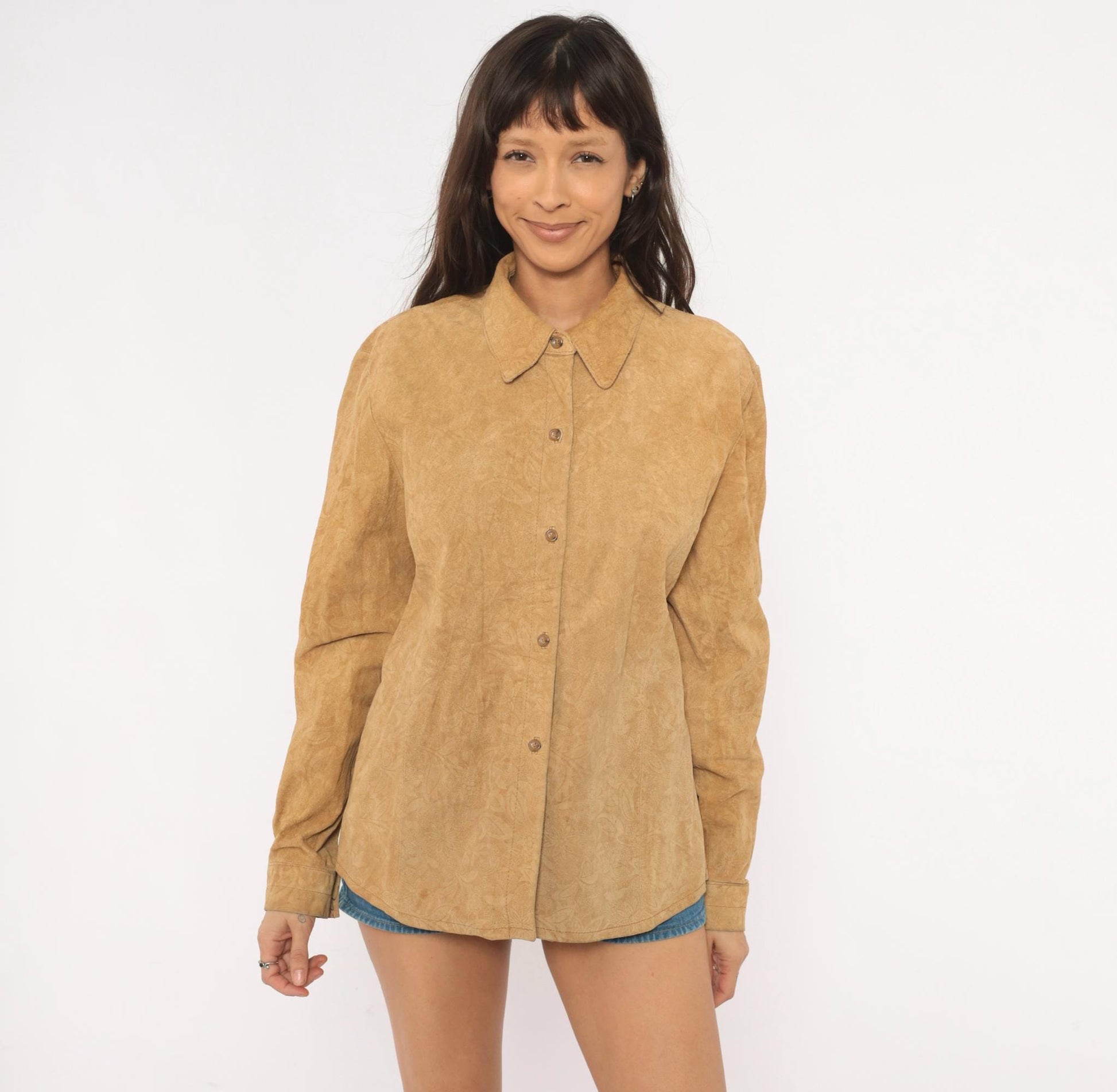 2000s Coldwater Creek Suede Shirt Embossed Floral Camel Button-Front Large L