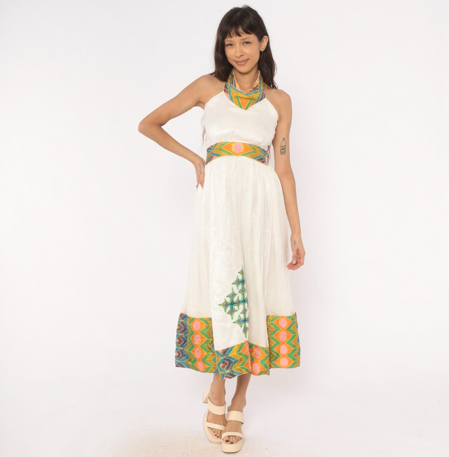 90s White Cotton Gauze Halter Midi Dress Embroidered Cross Geometric Trim Small