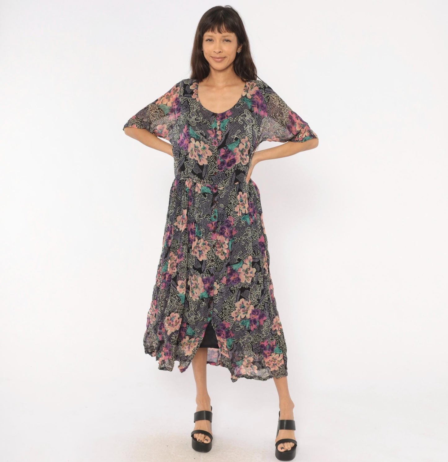 90s Nostalgia Floral Midi Dress Button Front Short Sleeve Purple Pink Teal Medium