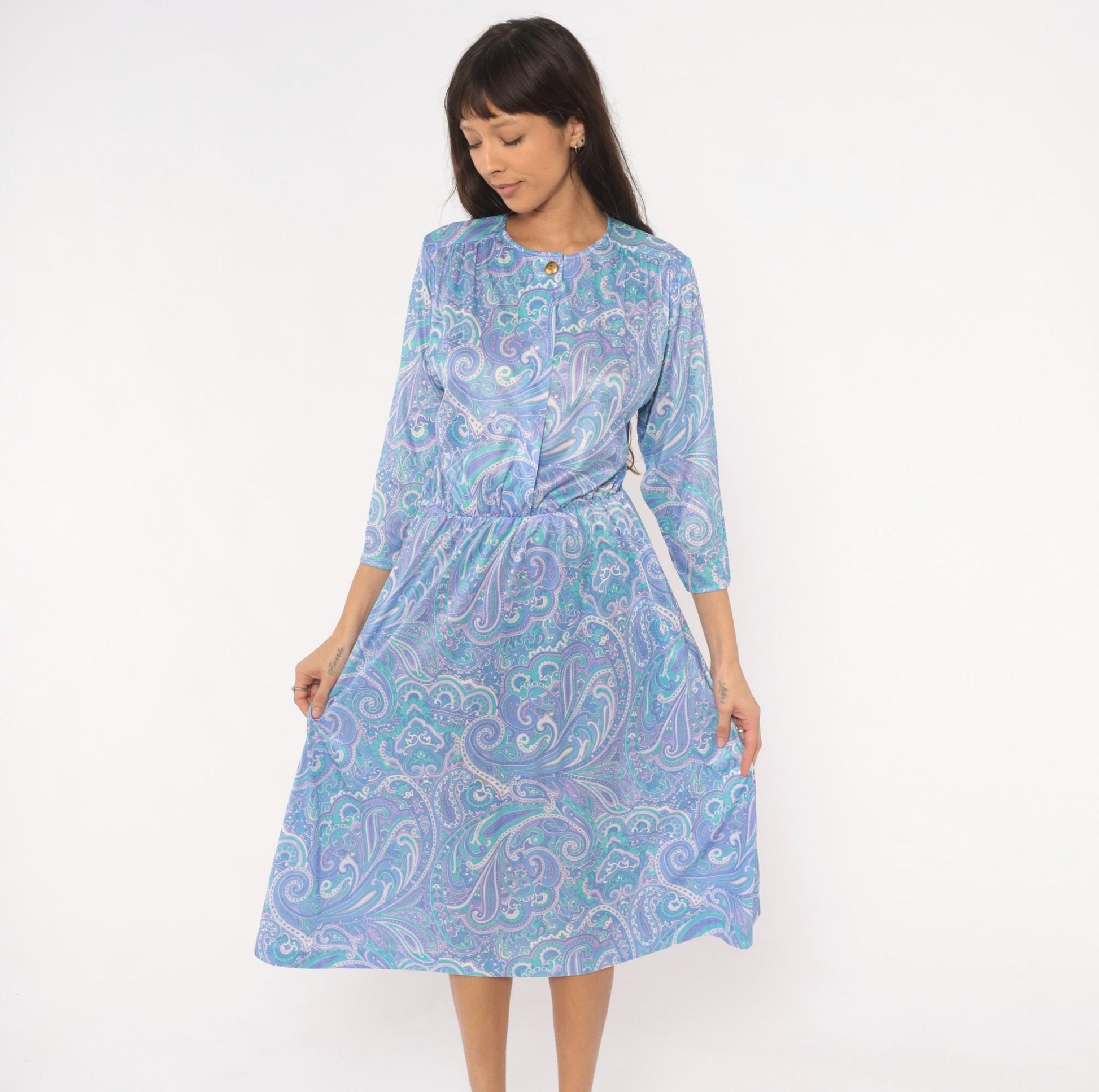 90s Blair Paisley Midi Dress Periwinkle Purple Teal Swirl Print Medium M