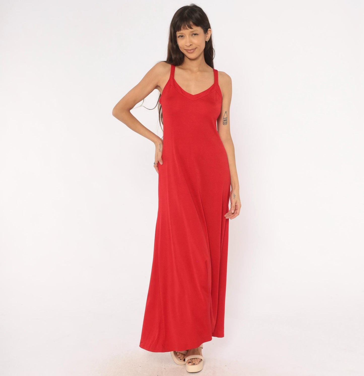 70s Red Maxi Dress V Neck A-Line Slip Gown Strappy Tank Medium M