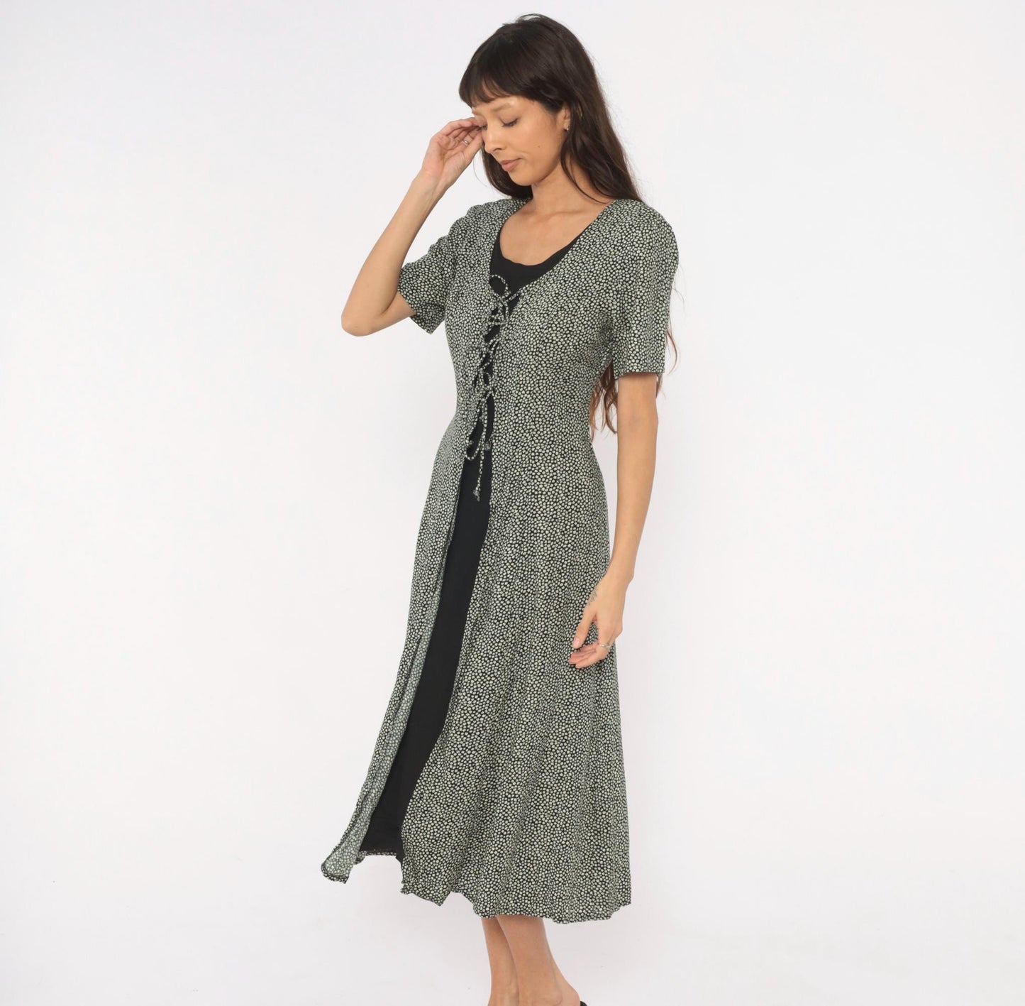 90s Statements Black Cream Dotted Midi Dress Lace-Up Front Medium