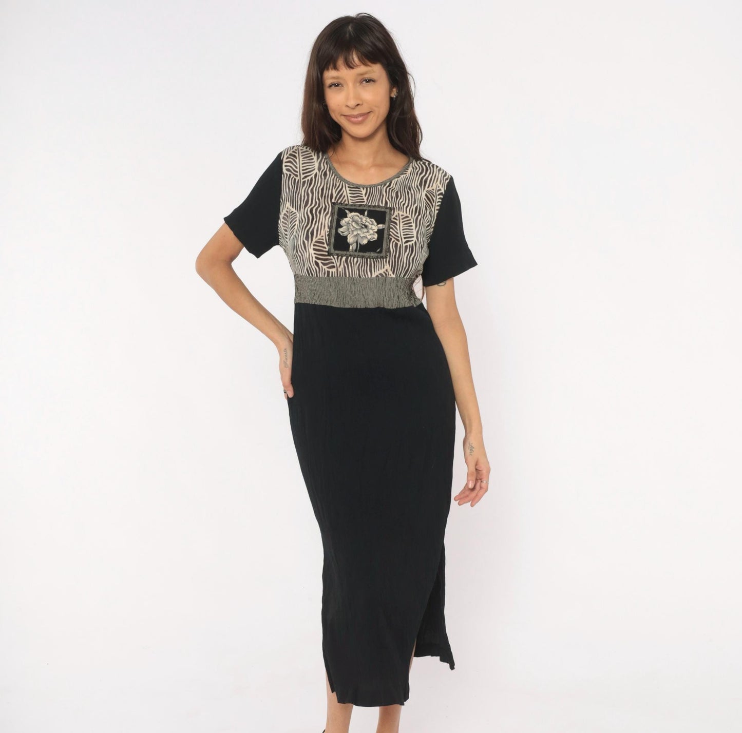 90s Naturally Petite Zebra Leaf Midi Dress Black Cream Floral Small