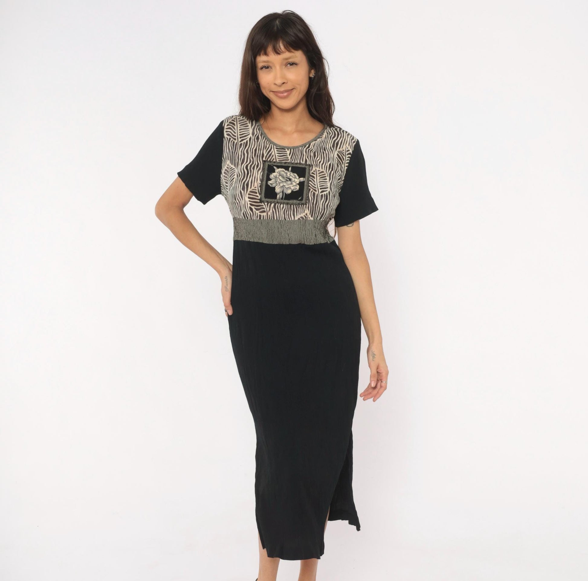 90s Naturally Petite Zebra Leaf Midi Dress Black Cream Floral Small