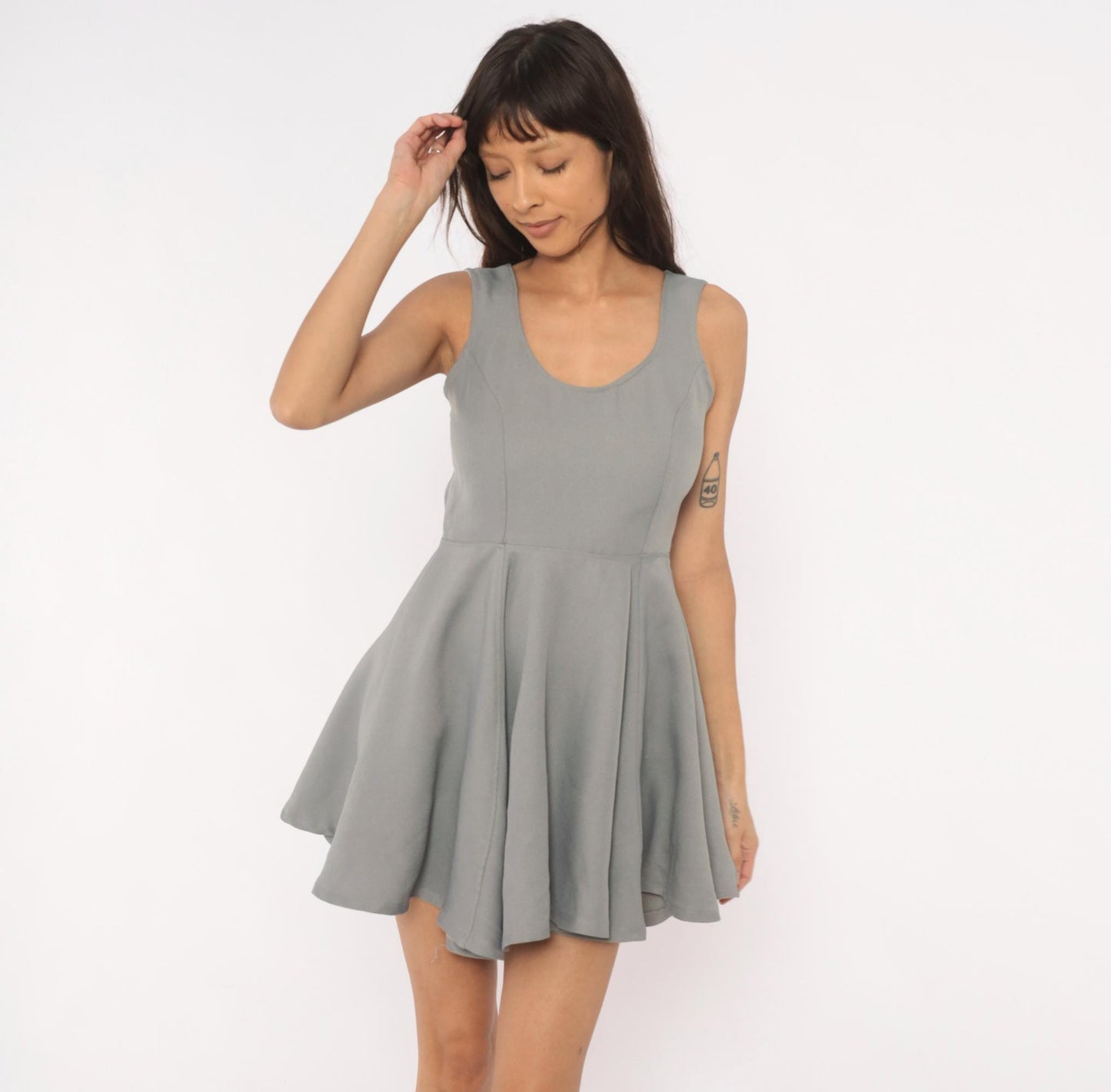 Y2K Grey Angel Wing Embroidered Mini Dress Sleeveless Skater Small S