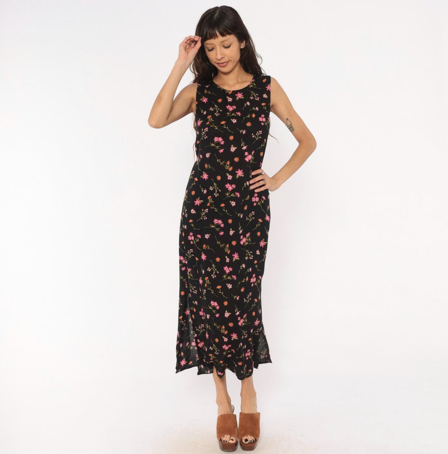 90s Casual Corner Annex Black Floral Maxi Dress Sleeveless Small