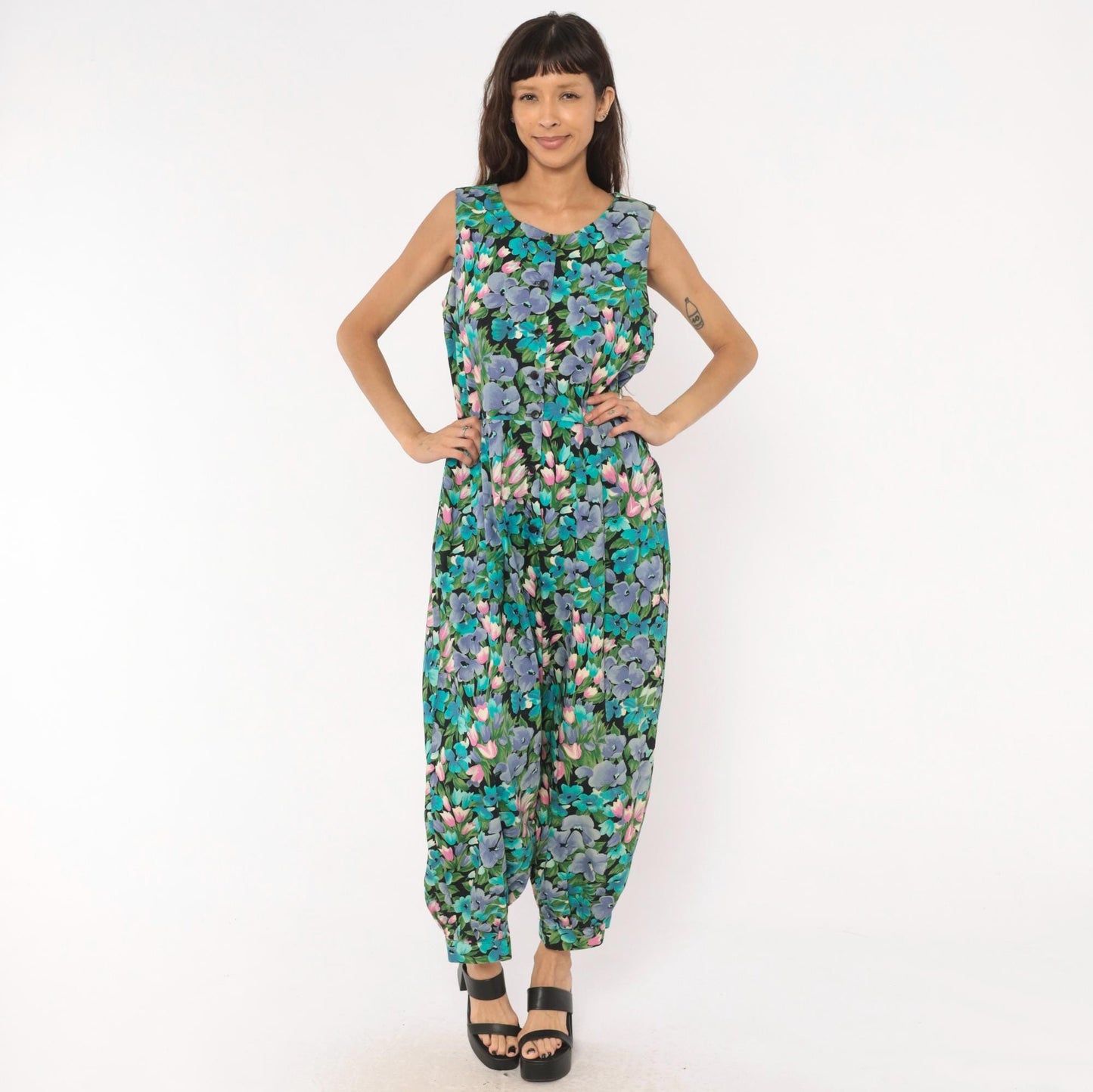 90s Maggie Breen Floral Jumpsuit Sleeveless Cotton Wide Leg Black Garden Print Medium