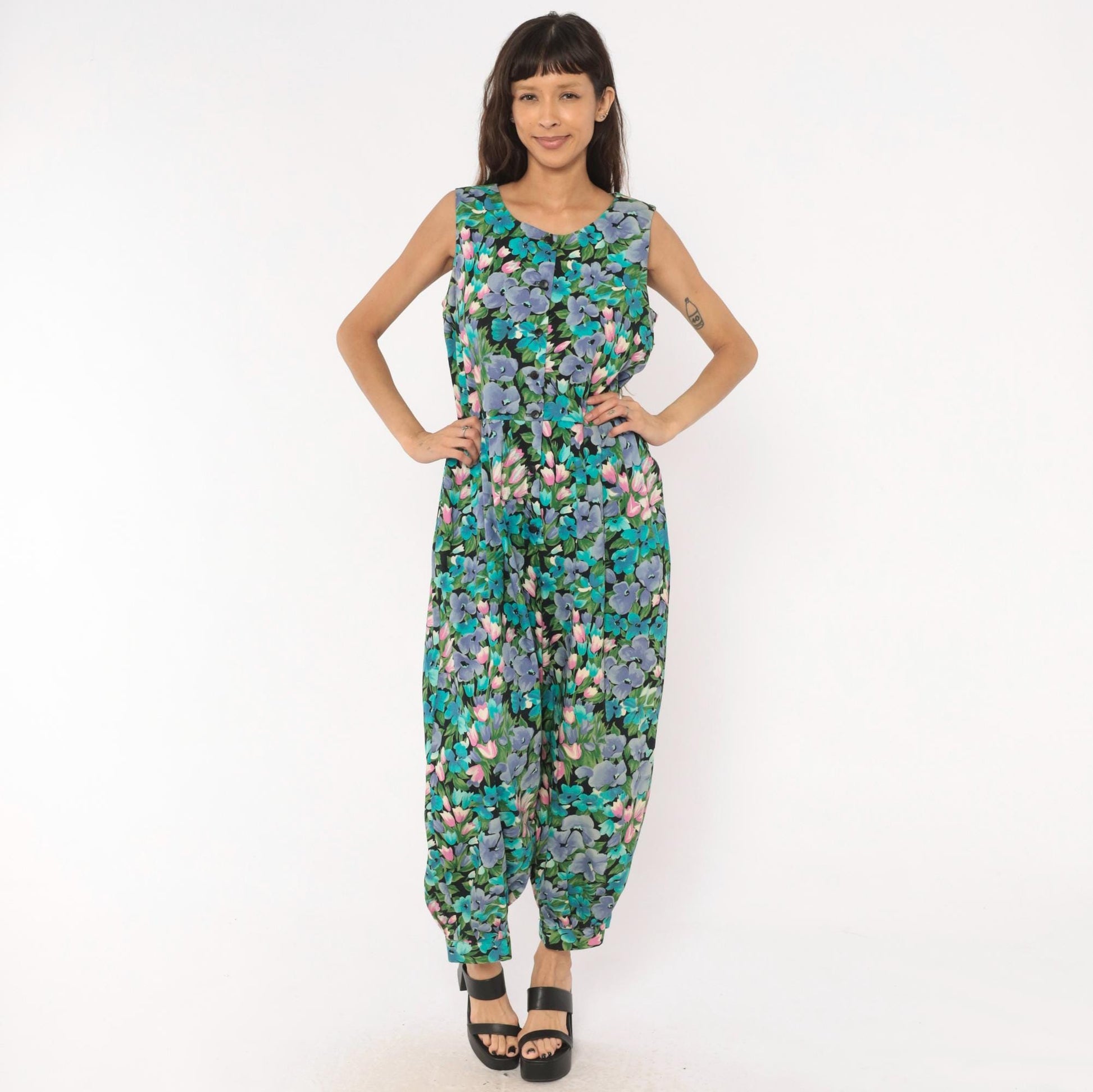 90s Maggie Breen Floral Jumpsuit Sleeveless Cotton Wide Leg Black Garden Print Medium