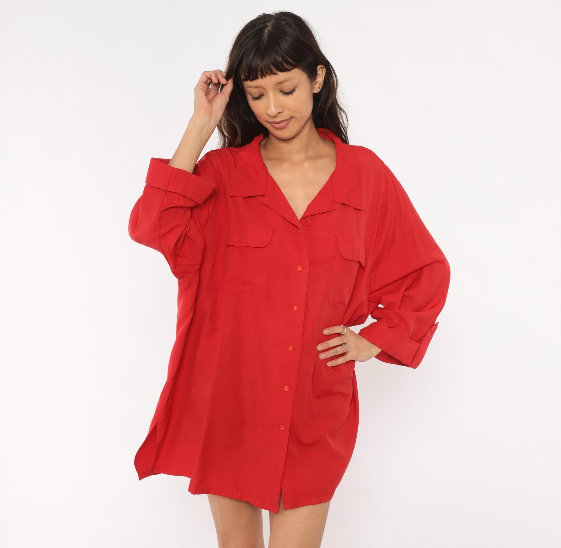 90s Carolina Colours Plus Red Camp Collar Shirt Dress Mini XXL