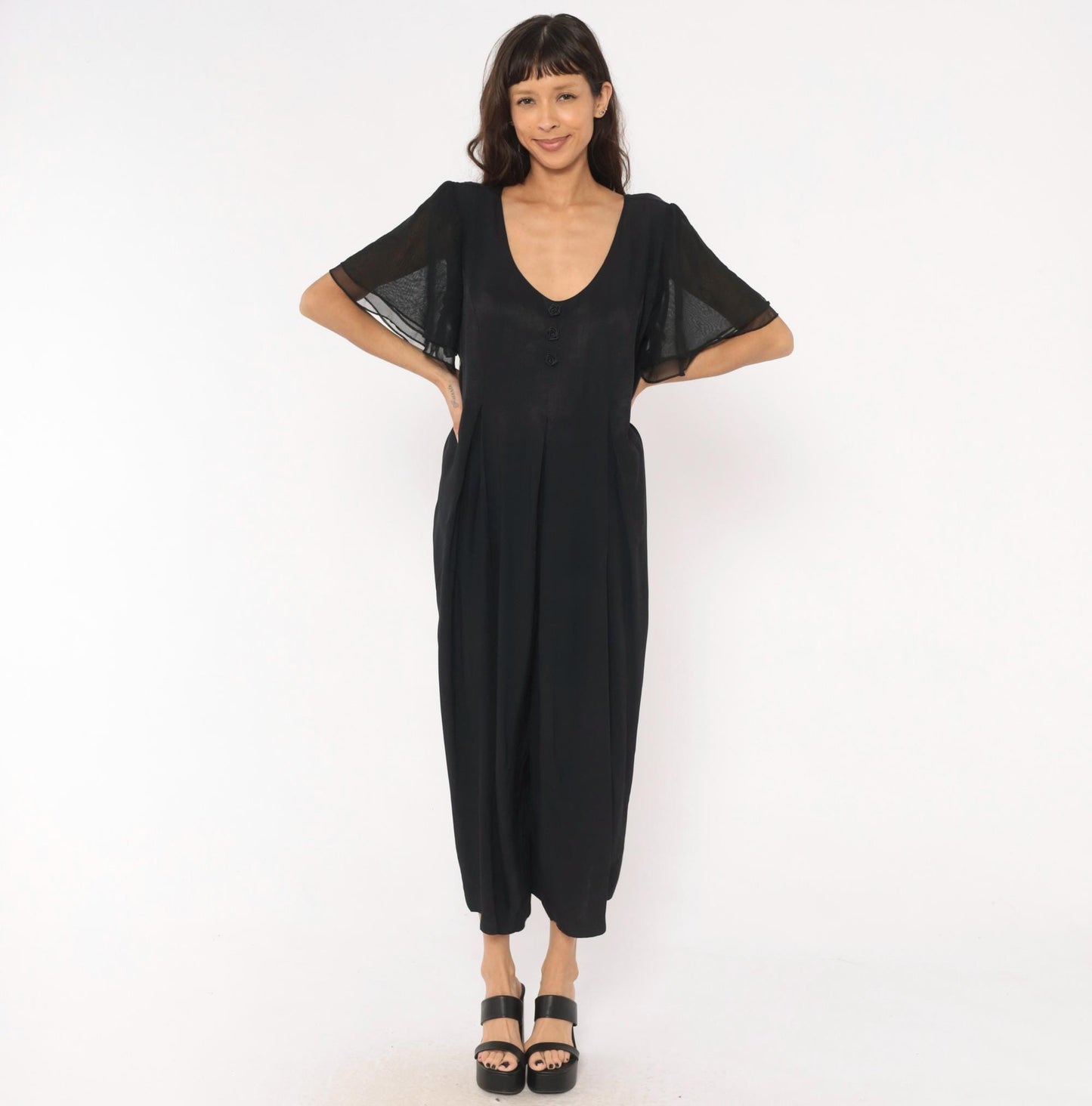 90s Jaffery & Dane Black Jumpsuit Flutter Sleeve Wide Leg Pleated Waist Large L