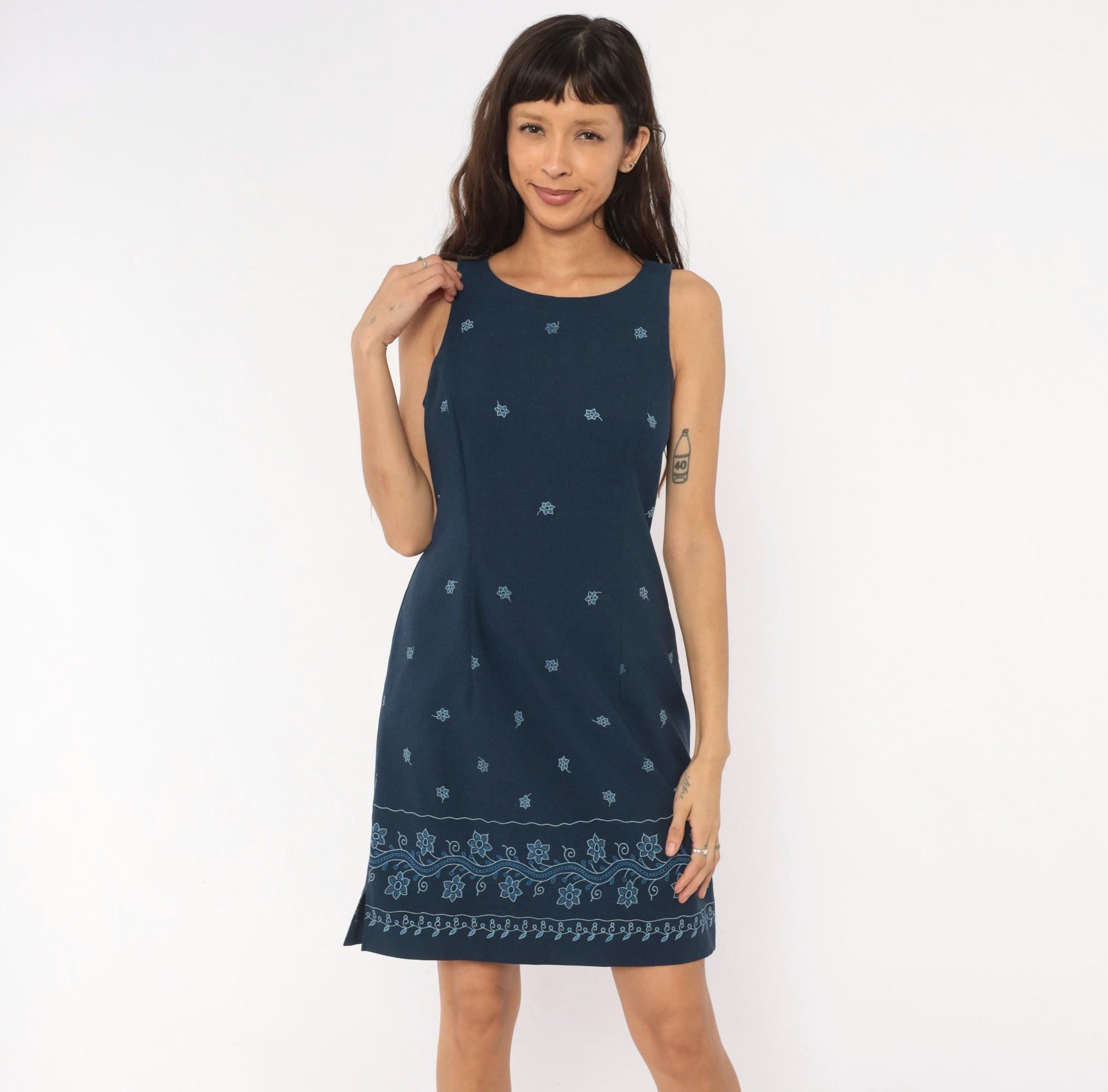 90s DBY Navy Shift Dress Embroidered Floral Border Sleeveless Medium M