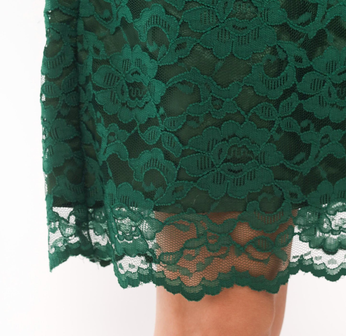90s My Michelle Emerald Lace Dress Scalloped Short Sleeve Floral Overlay Large L