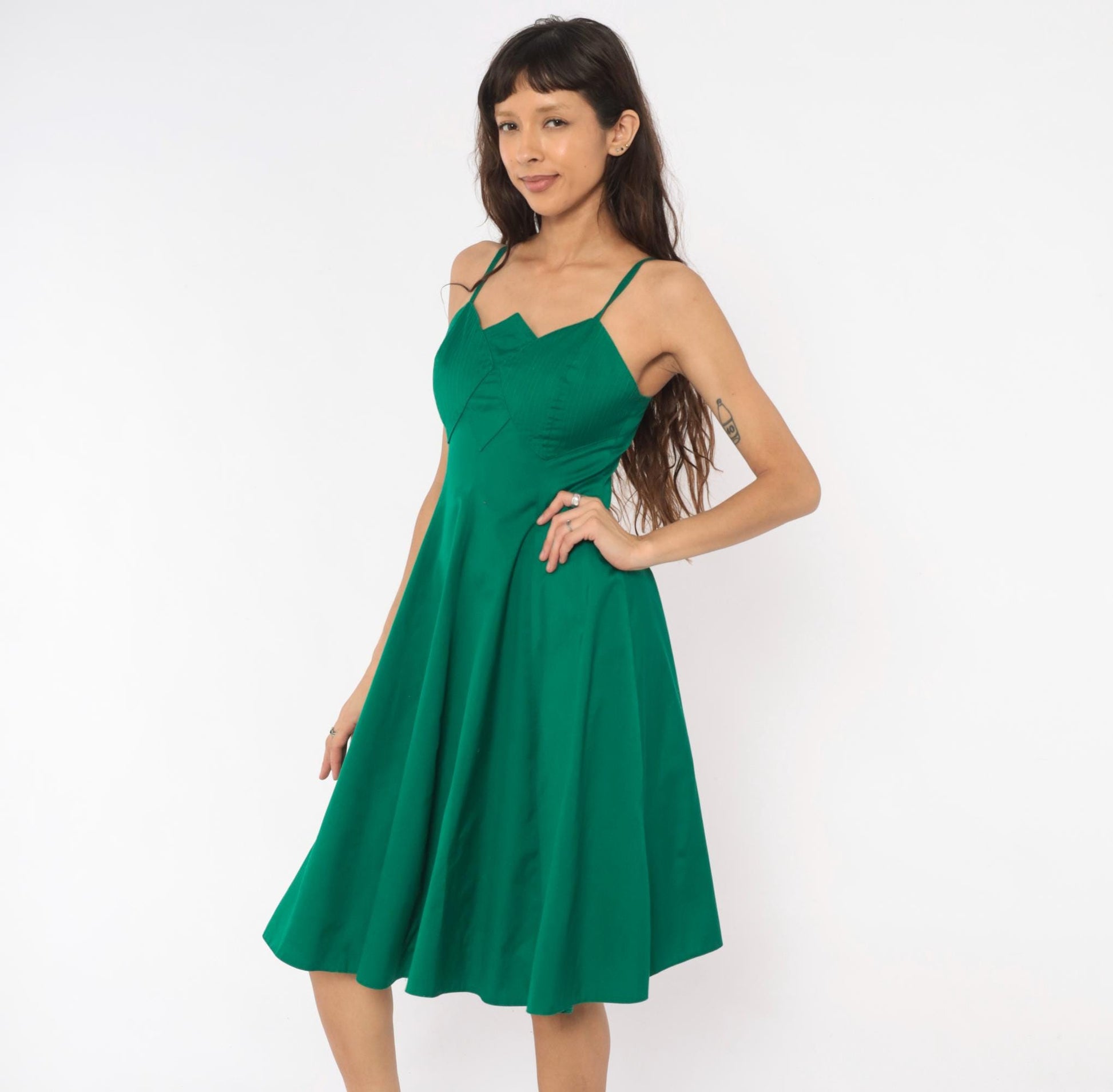 90s Emerald Bustier Sundress Sweetheart Neckline Cotton Spaghetti Strap Small