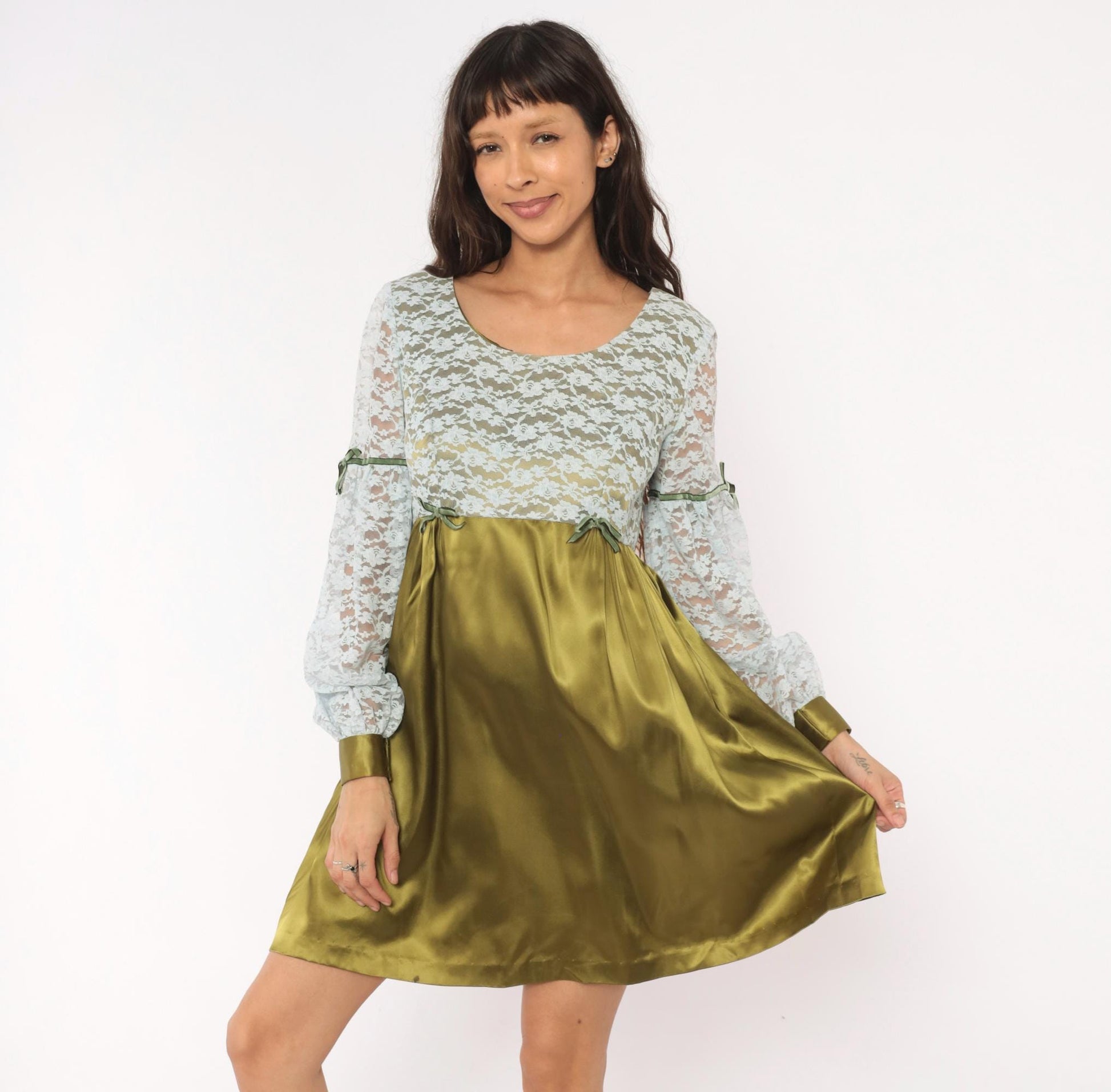 70s Olive Satin Babydoll Dress White Lace Empire Waist Balloon Sleeve Mini Medium