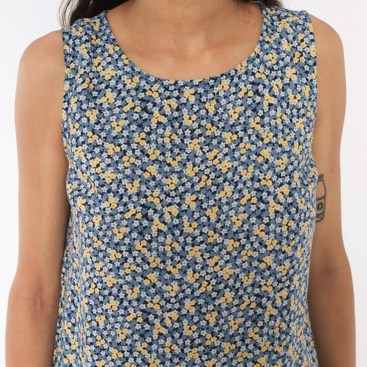 90s Studio Ease Ditsy Floral Midi Dress Navy Blue Yellow Sleeveless Petite Medium
