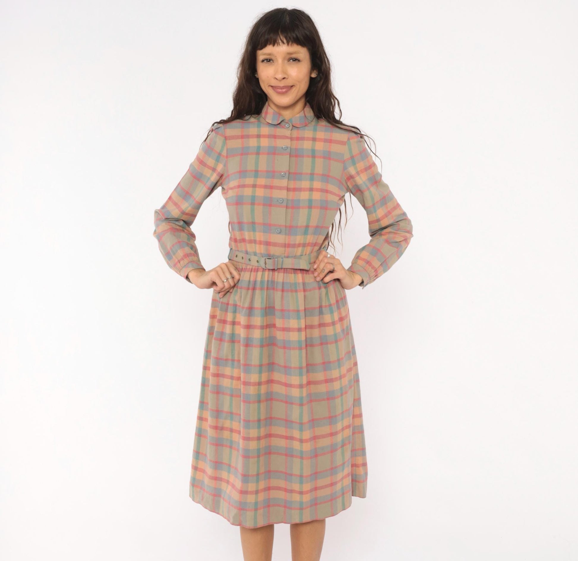 80s St. Maxime Plaid Shirtdress Peter Pan Collar Pastel Pink Blue Tan Medium