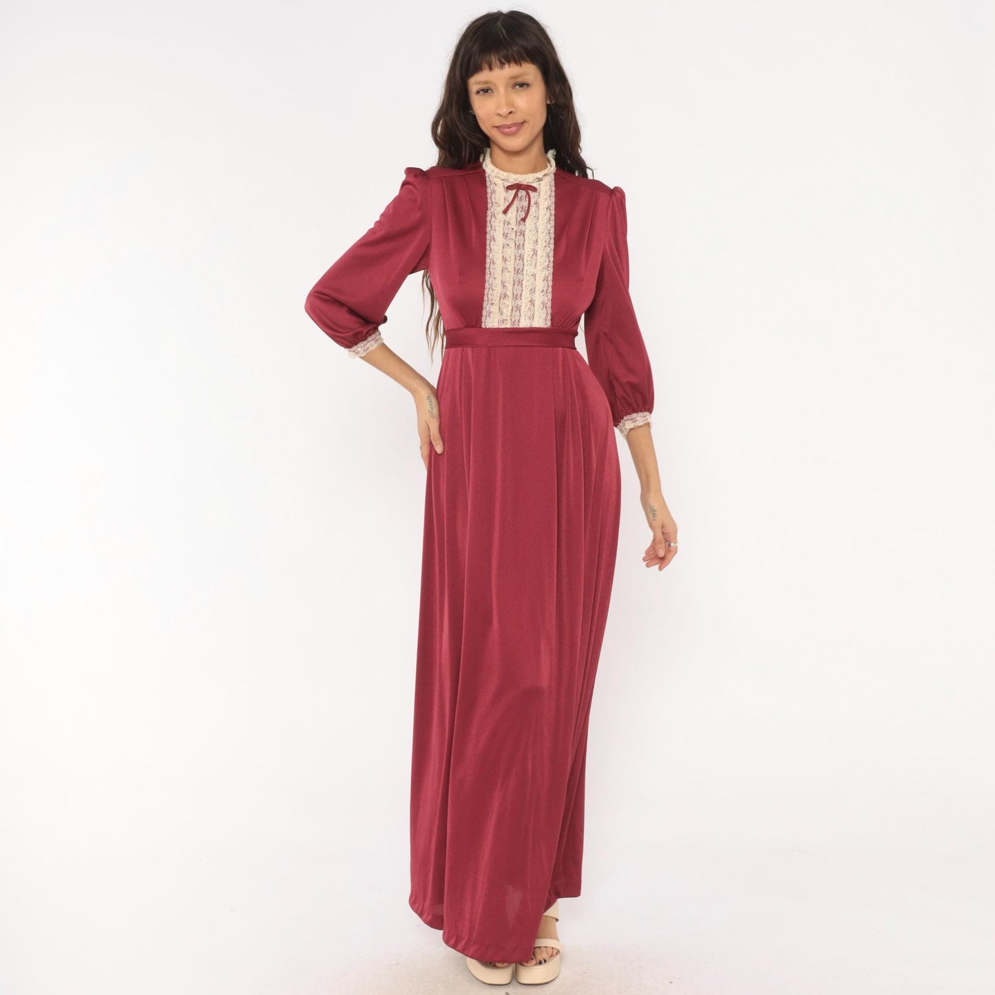 70s Burgundy Lace Bib Maxi Dress Puff Sleeve High Neck Ribbon Bow Extra Small