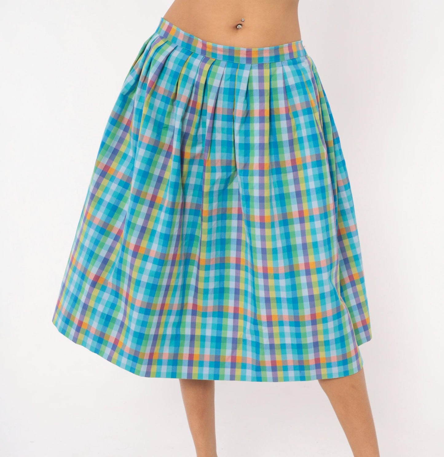 80s Rainbow Gingham Pleated Knee Skirt Cotton Multicolor Large L