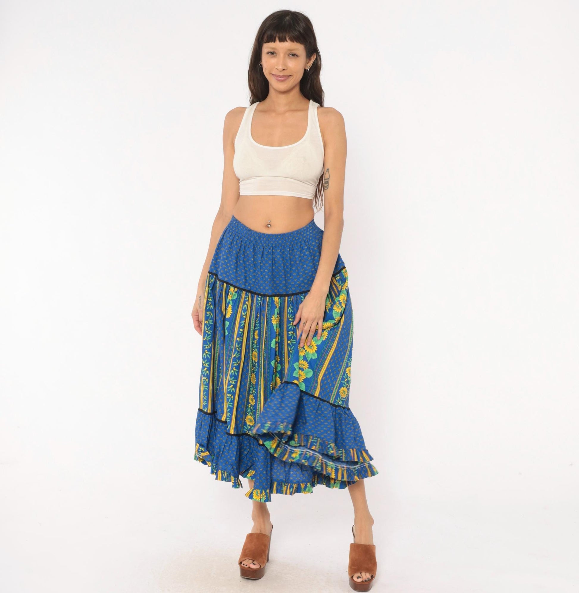 90s Solymod Sunflower Tiered Midi Skirt Blue Cotton Ruffle Small
