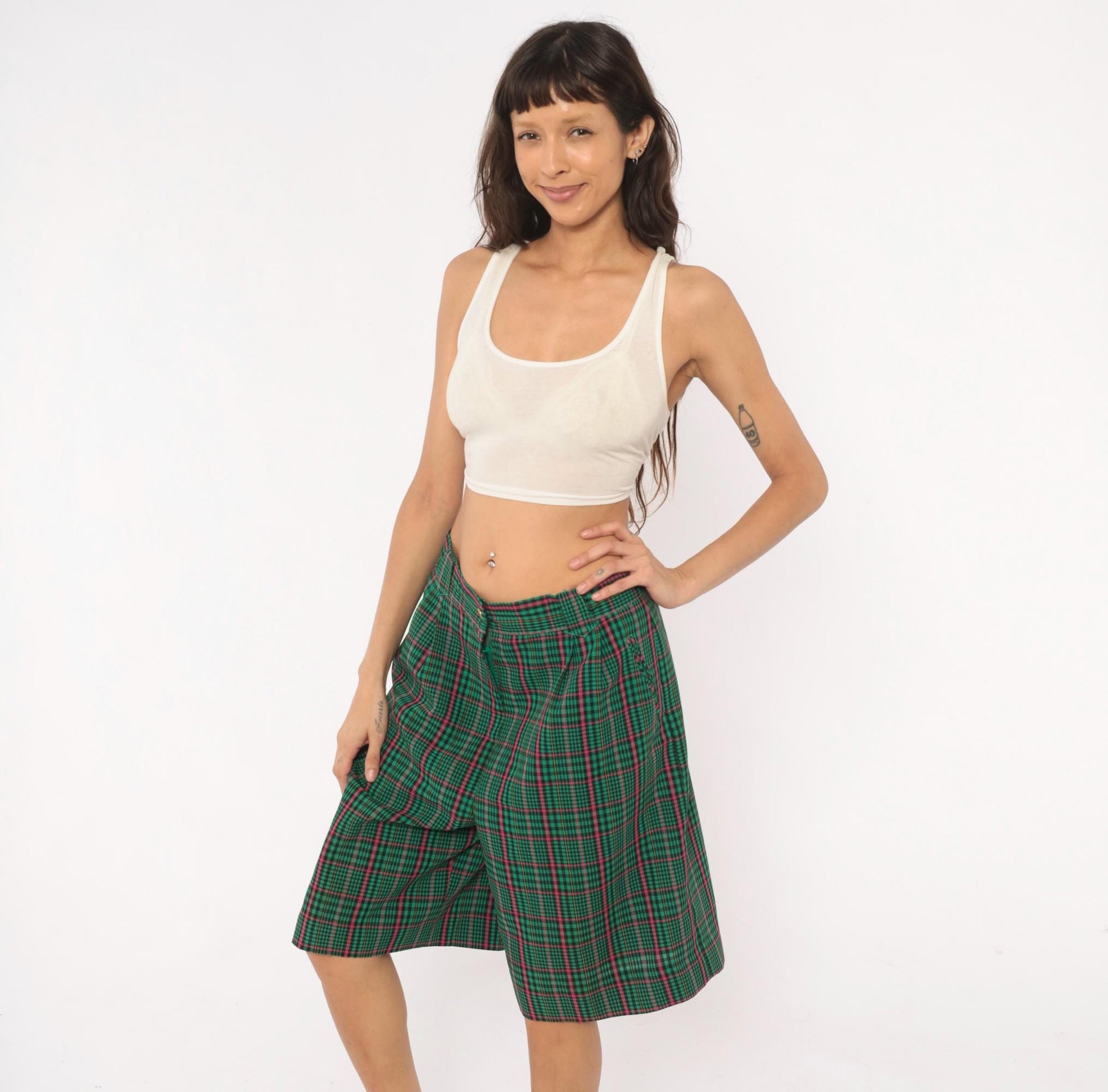 90s Green Plaid Bermuda Shorts High Rise Pleated Tartan Pink Preppy Medium