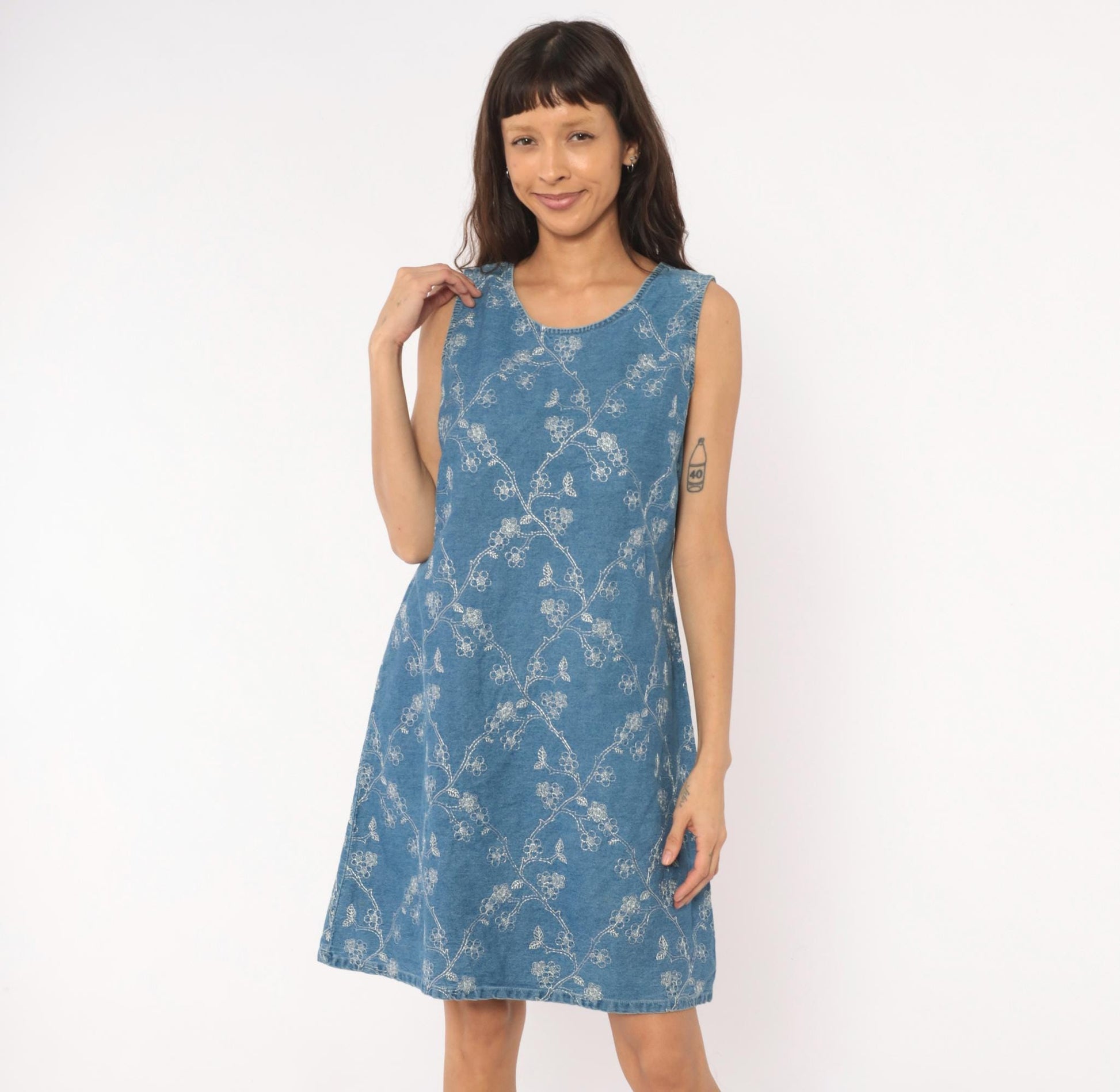 90s Vision Apparel Denim Dress Floral Embroidered Blue Sleeveless Large L