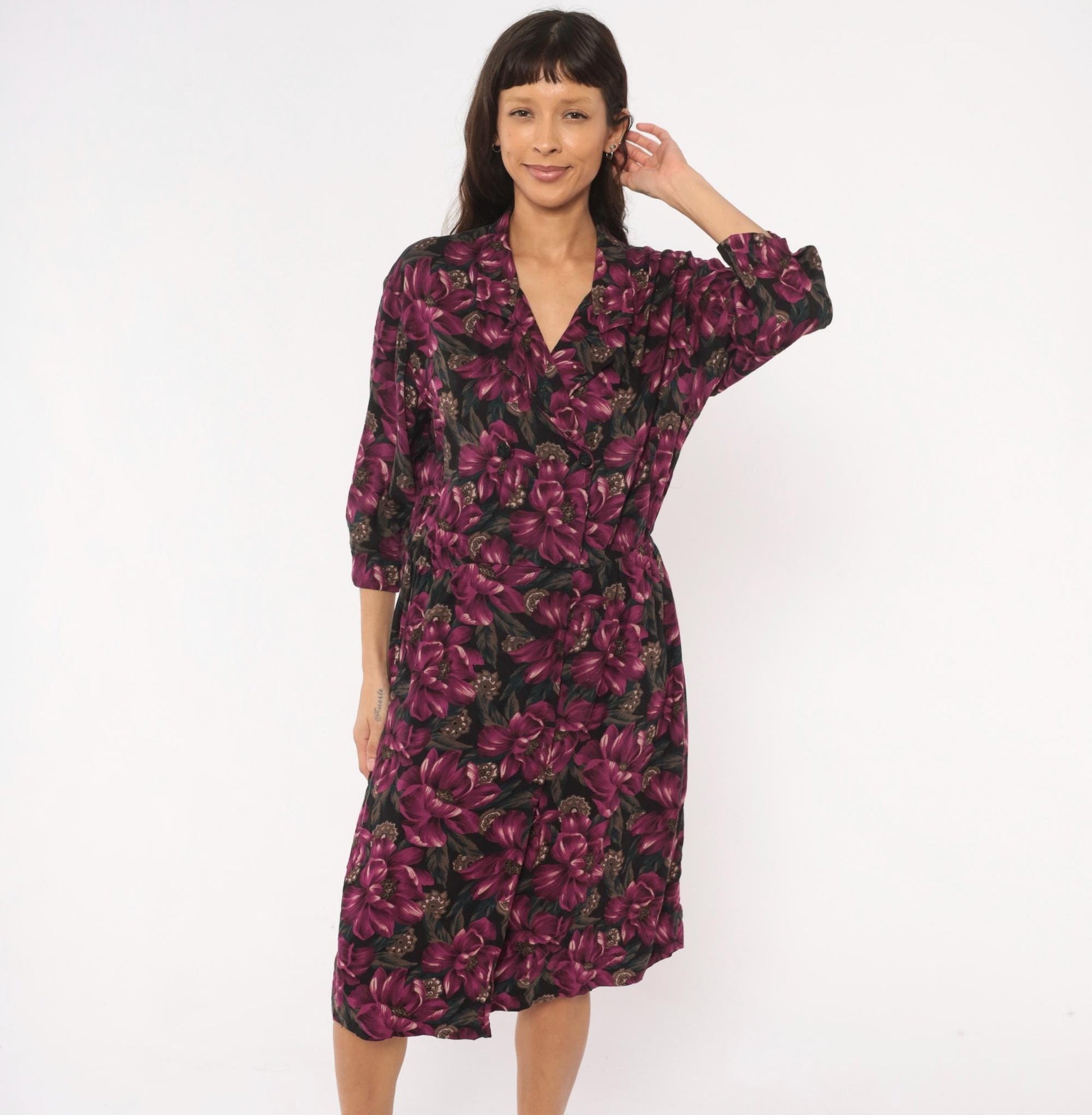 90s Plum Floral Wrap Dress V-Neck Button Front Knee-Length Large
