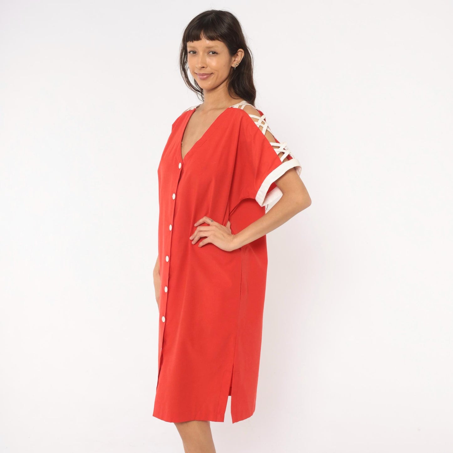80s Act I Red Cotton Dress V-Neck Criss-Cross Cold Shoulder Large L