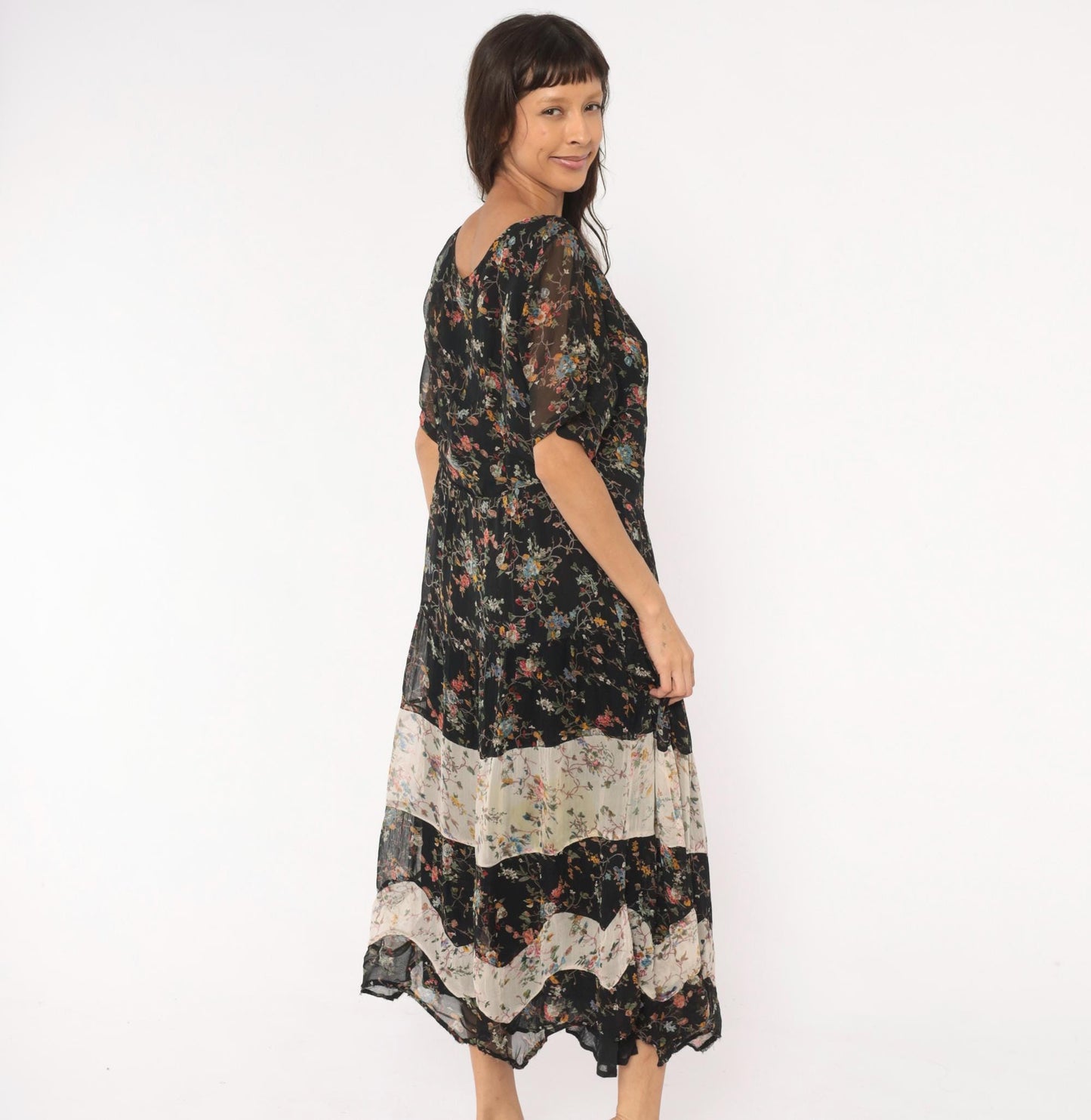 90s Bila Black Floral Maxi Dress Tiered Patchwork Short Sleeve Large L