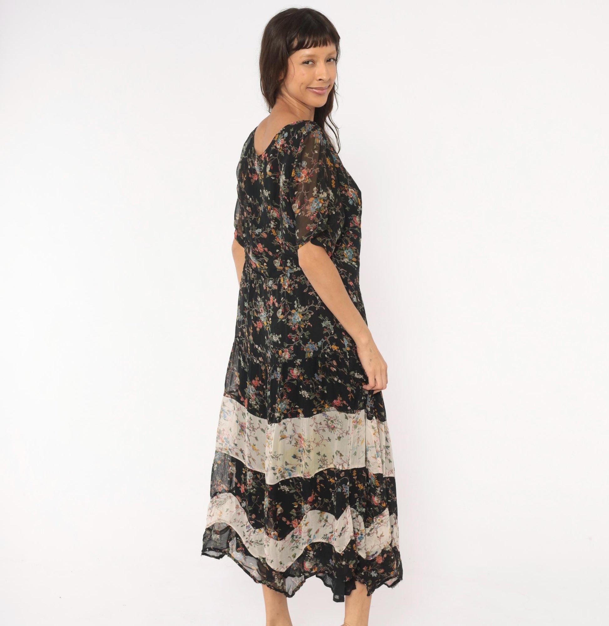 90s Bila Black Floral Maxi Dress Tiered Patchwork Short Sleeve Large L