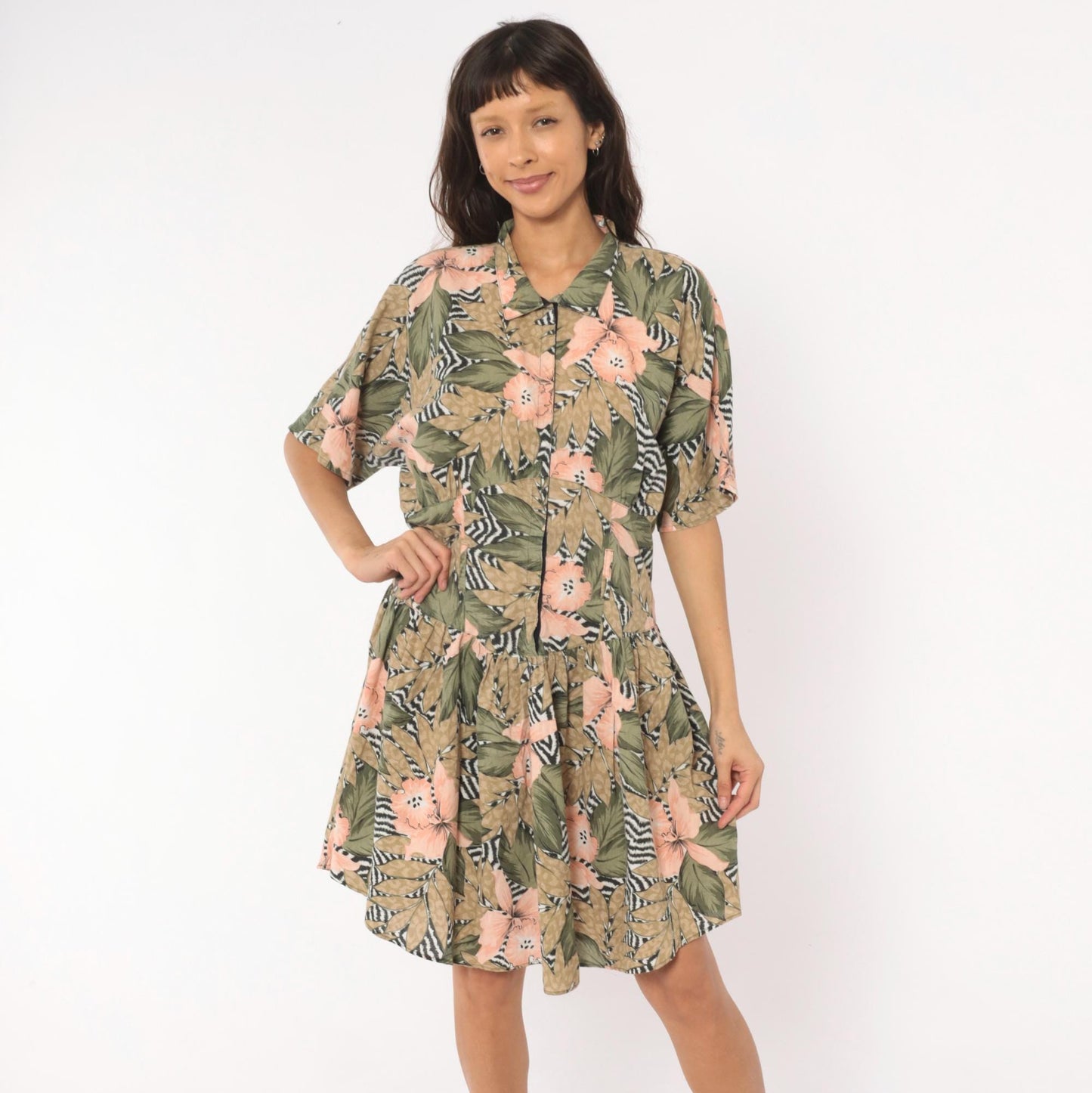 90s Tropical Hibiscus Shirt Dress Floral Print Drop Waist Snap Front Large L