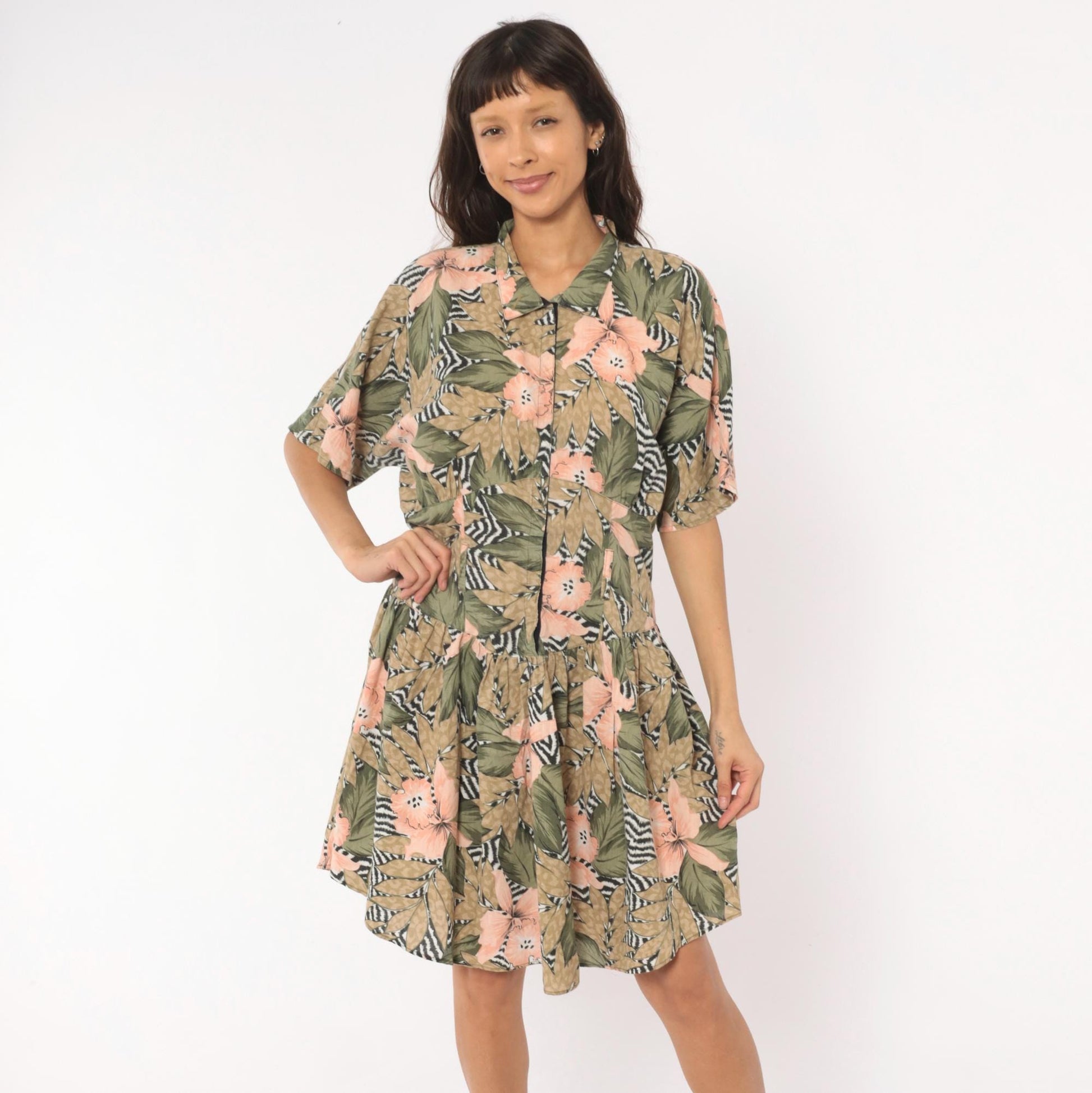 90s Tropical Hibiscus Shirt Dress Floral Print Drop Waist Snap Front Large L