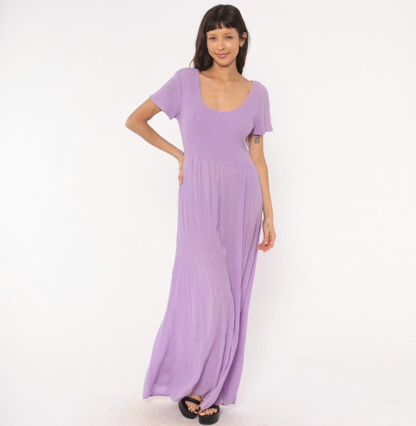 90s Basement Lavender Waffle Knit Maxi Dress Flutter Sleeve Scoop Neck One Size