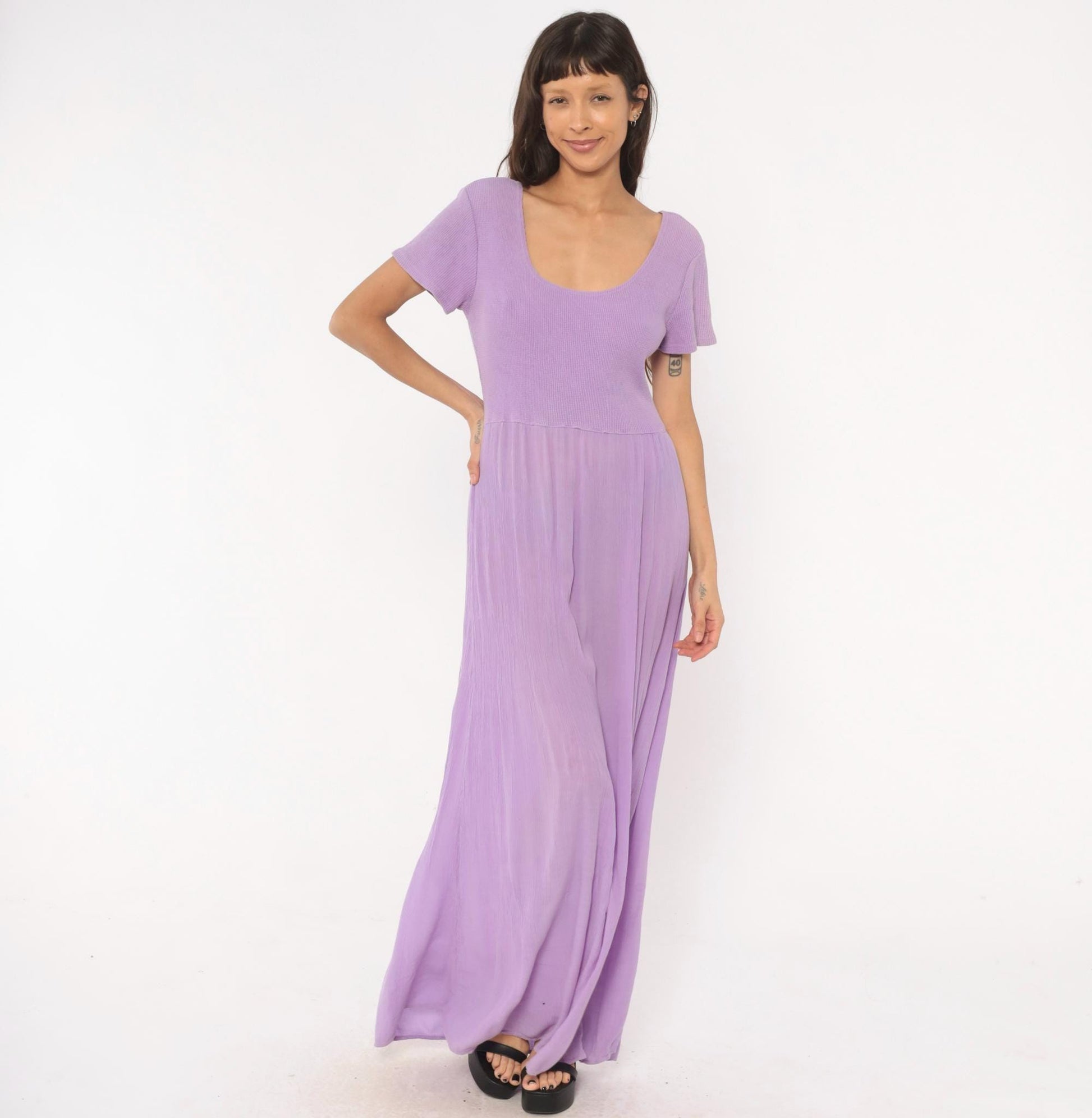 90s Basement Lavender Waffle Knit Maxi Dress Flutter Sleeve Scoop Neck One Size