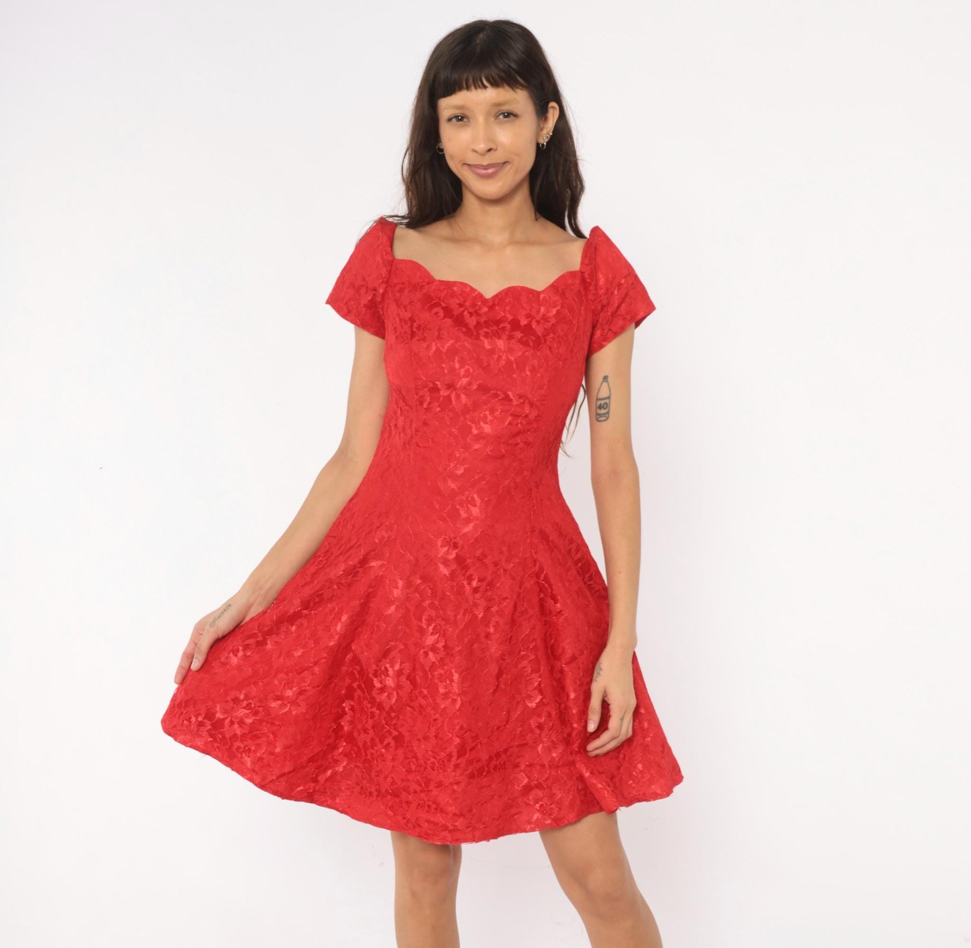 90s Roberta Red Lace Fit-and-Flare Dress Sweetheart Neckline Knee Medium M