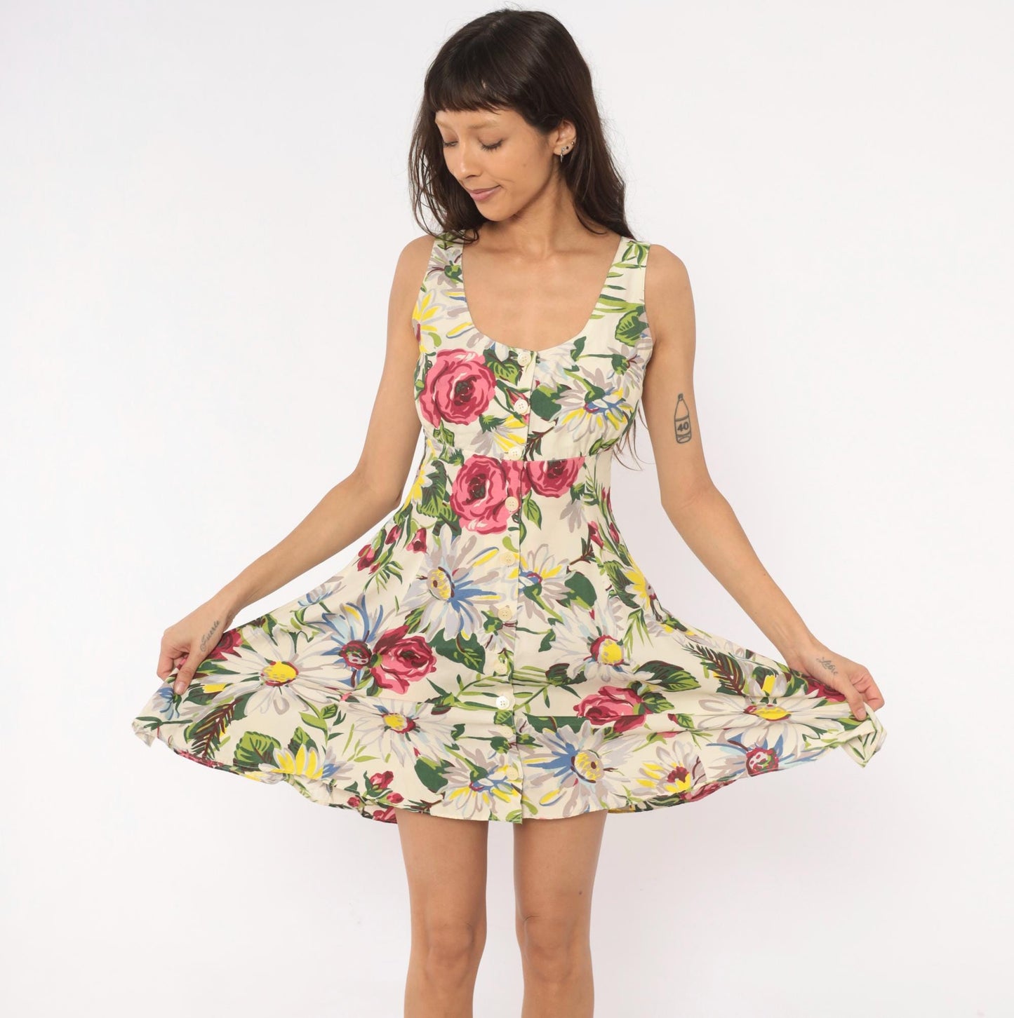 90s Esprit Floral Sundress Rose Daisy Print Button Front Cream Small