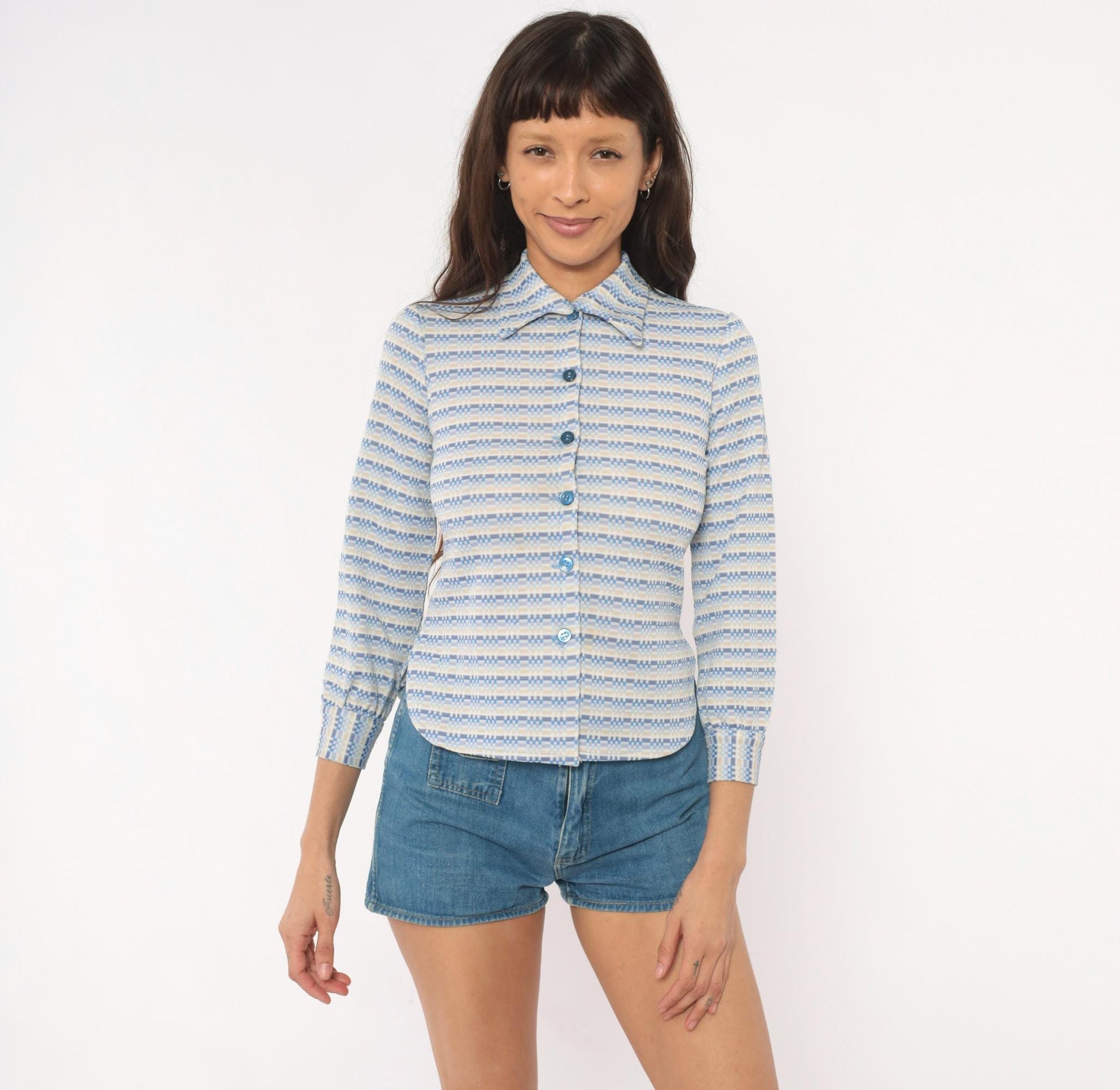70s Geometric Stripe Button Blouse Blue Tan Pointed Collar Three Quarter Sleeve Extra Small