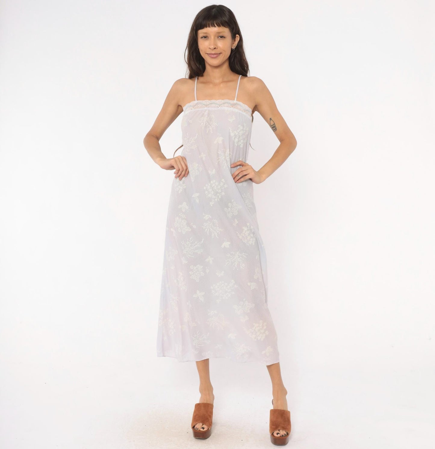 80s Lavender Floral Butterfly Maxi Nightgown Spaghetti Strap Lace Trim Small