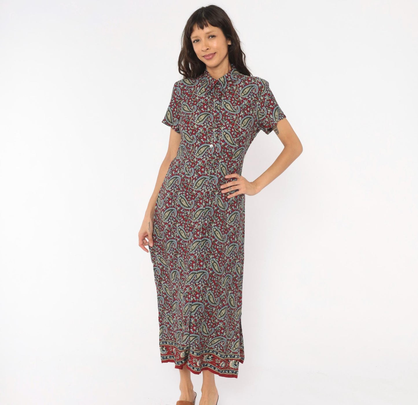 90s Crazy Horse Paisley Maxi Shirtdress Burgundy Small S