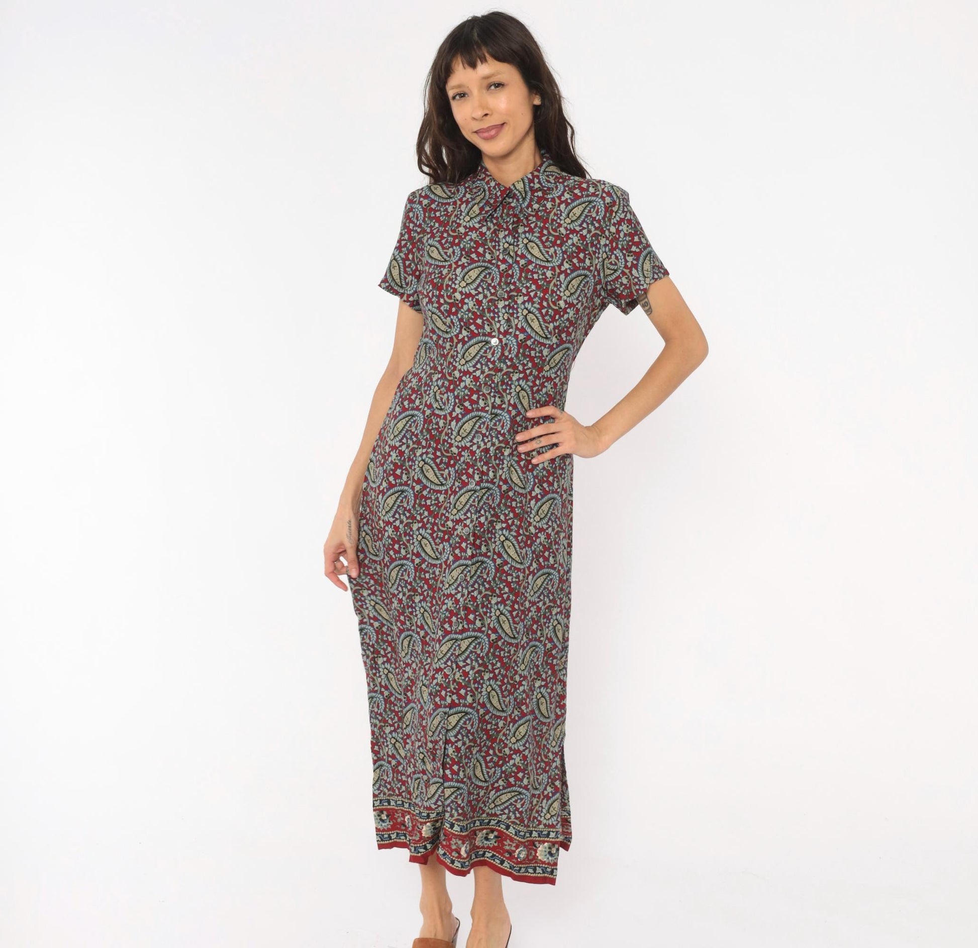 90s Crazy Horse Paisley Maxi Shirtdress Burgundy Small S