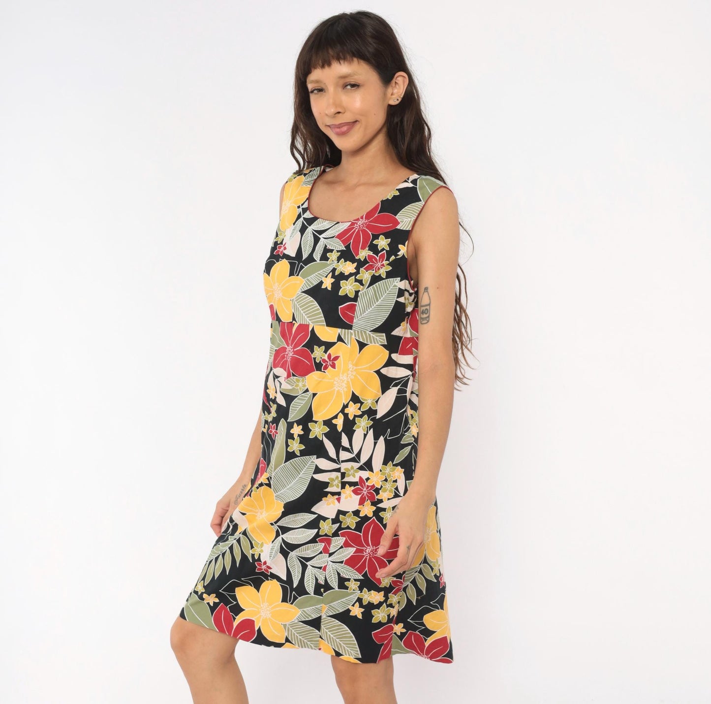 Y2K Erika Dresses Tropical Floral Sundress Black Red Yellow Knee-Length Large L