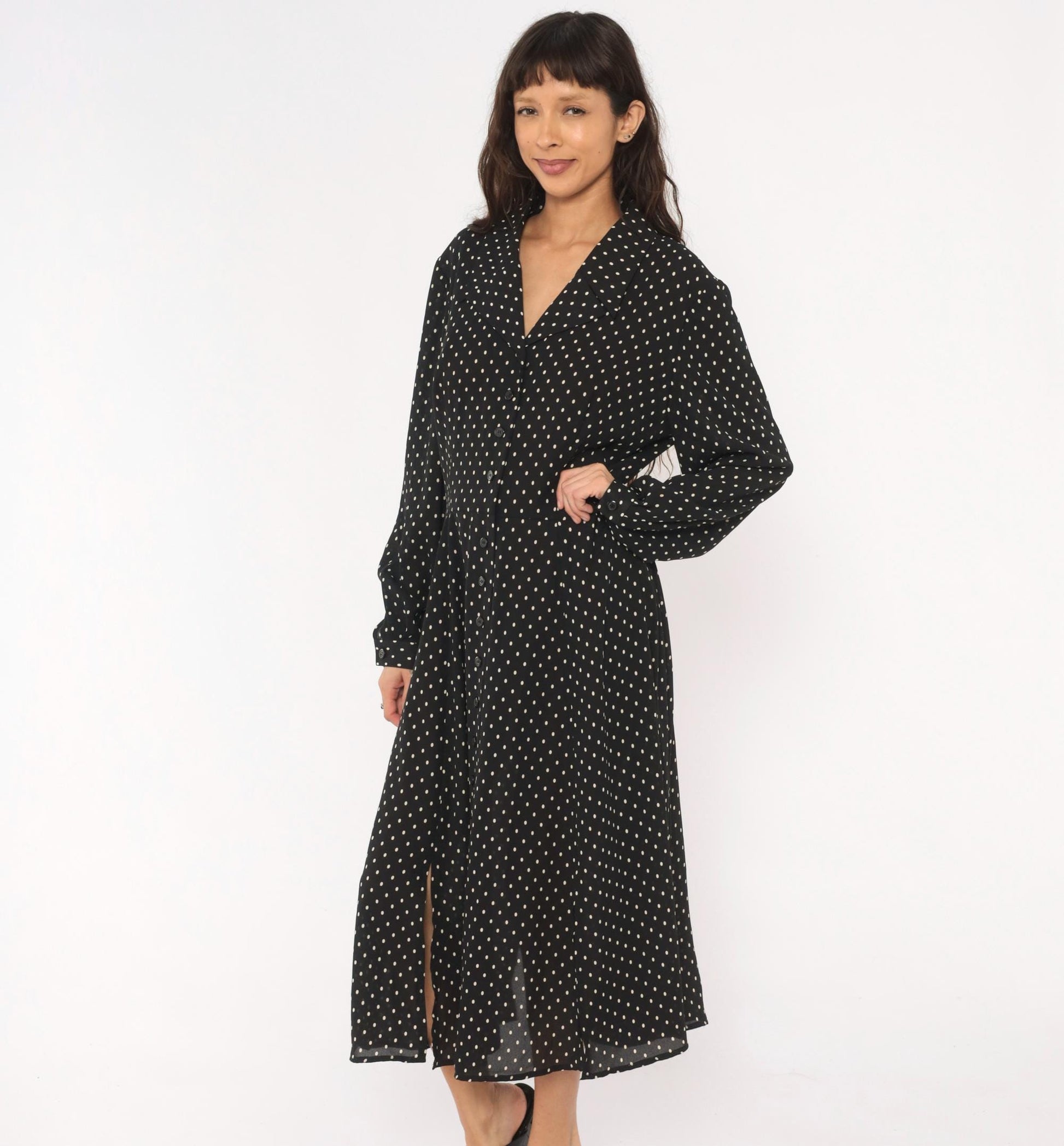 90s Liz Claiborne Polka Dot Shirt Dress Black White Midi Collar Extra Large XXL