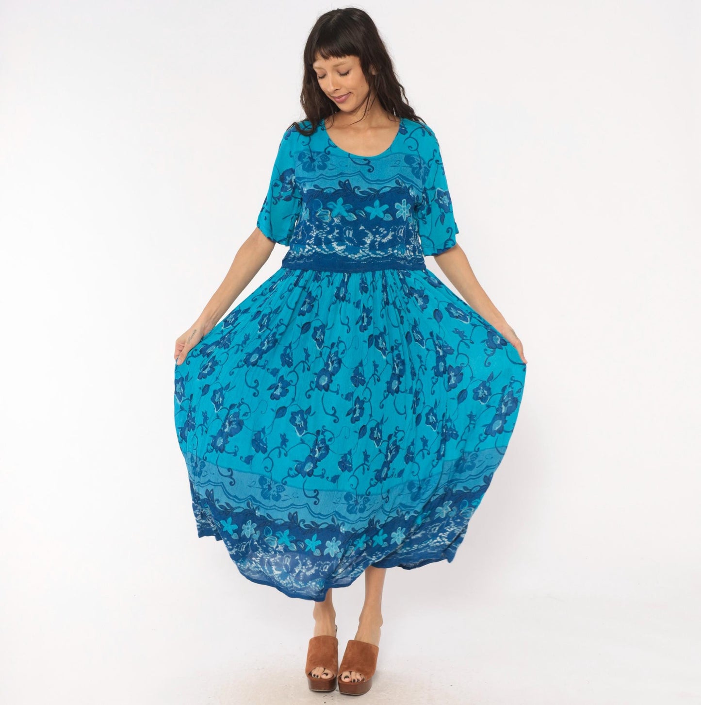 90s Style Teal Floral Maxi Dress Short Sleeve Vine Print Blue Medium M