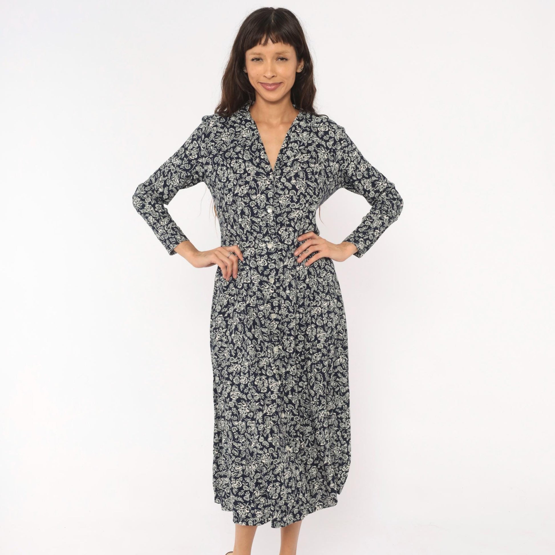 90s Two Twenty Floral Button Front Midi Dress Navy Cream Rose Print Medium M